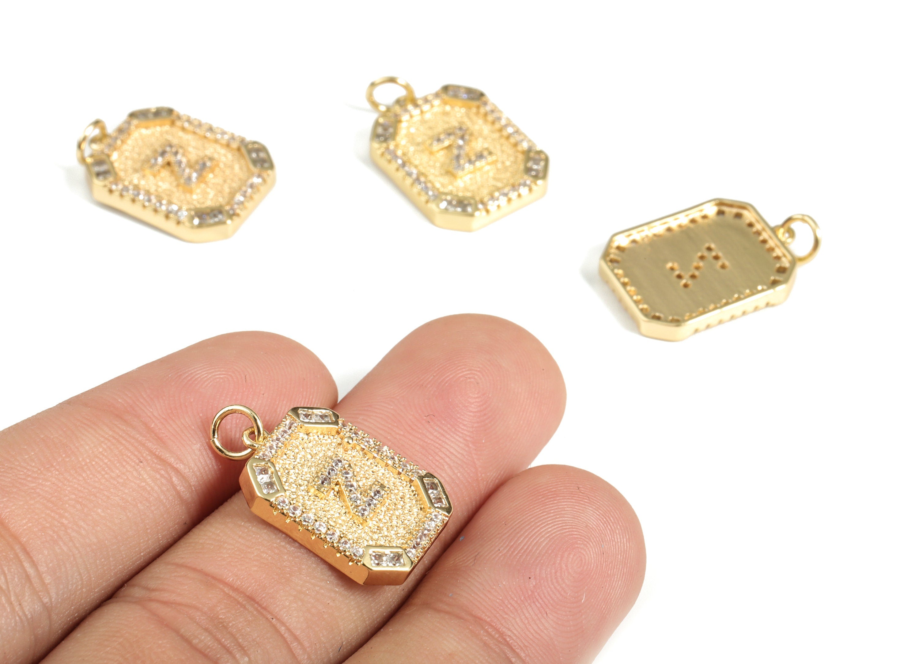 Brass Square Letter Z Earring Charm With Zircons - Initial Z Gold Square Pendant -18k Real Gold Plated Brass - 22.89x13.97x2.7mm - RGP3135Z - DOMEDBAZAAR