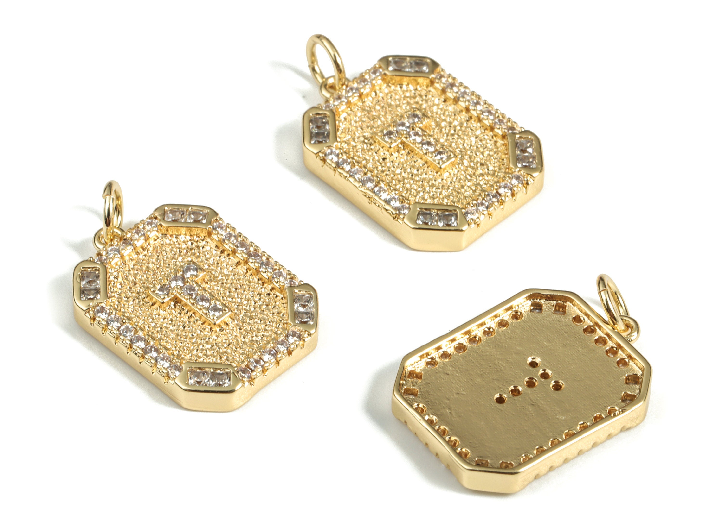 Brass Square Letter T Earring Charm With Zircons - Initial T Gold Square Pendant -18k Real Gold Plated Brass - 22.89x13.97x2.7mm - RGP3135T - DOMEDBAZAAR