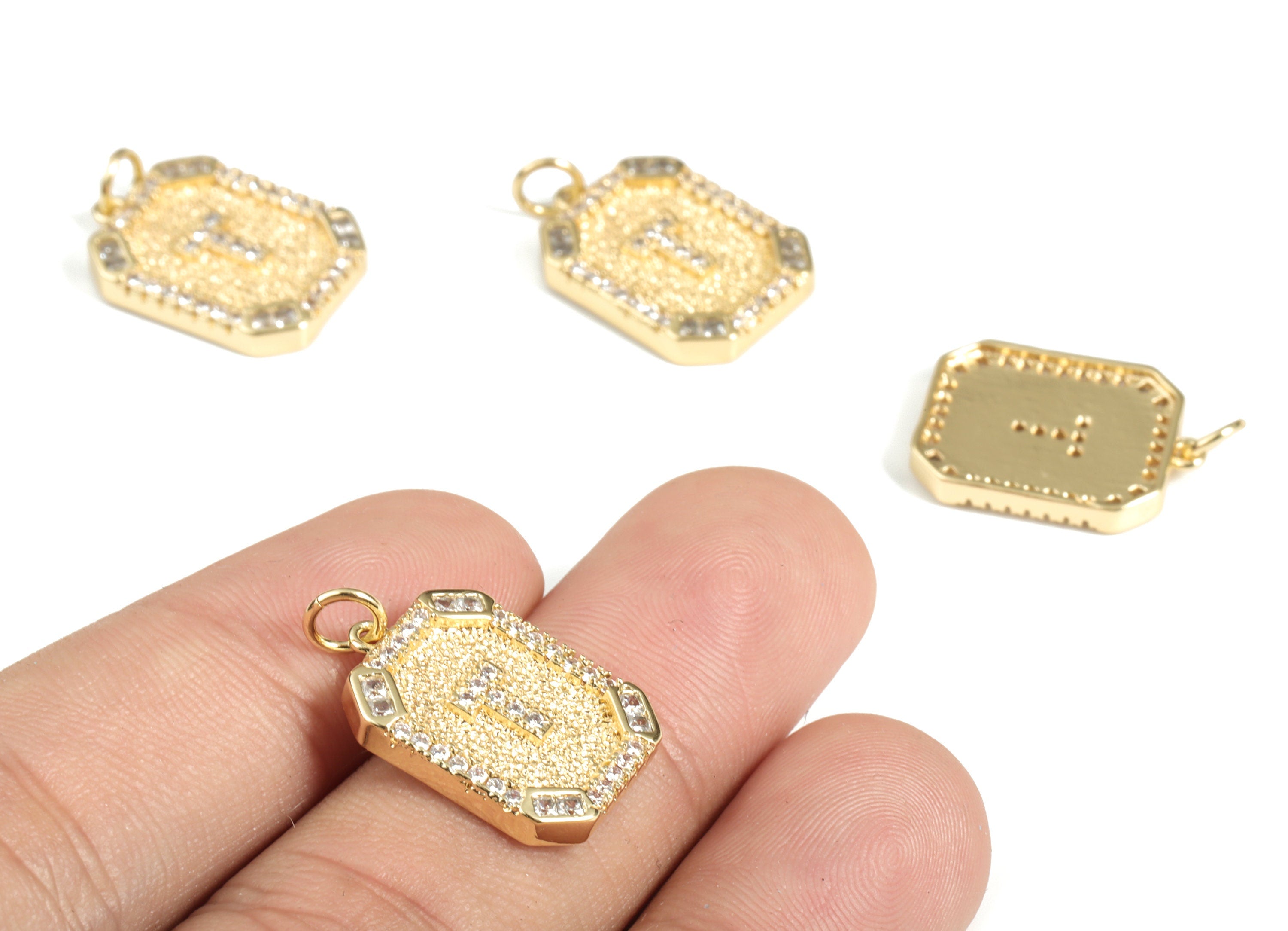 Brass Square Letter T Earring Charm With Zircons - Initial T Gold Square Pendant -18k Real Gold Plated Brass - 22.89x13.97x2.7mm - RGP3135T - DOMEDBAZAAR
