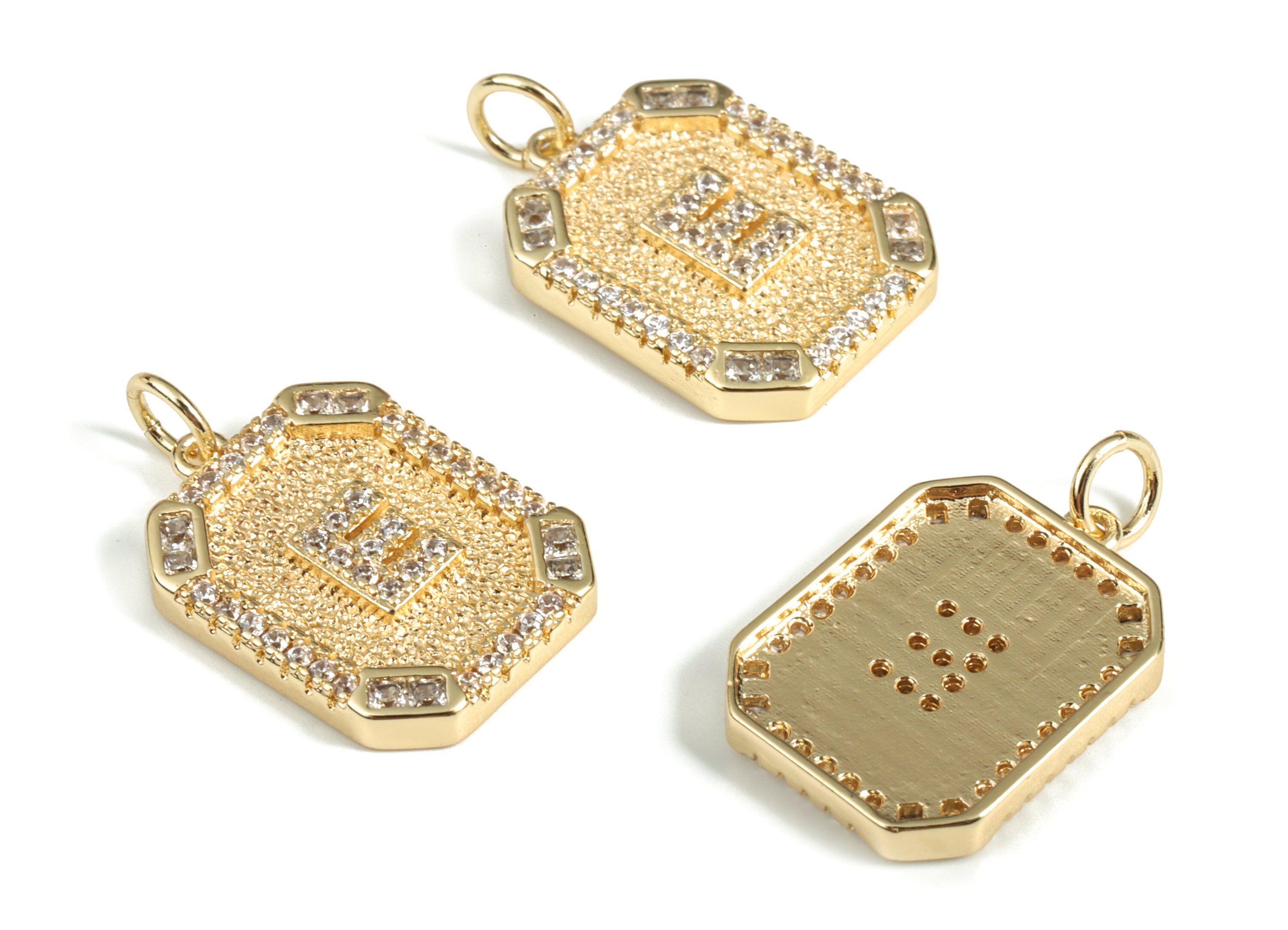 Brass Square Letter E Earring Charm With Zircons -18k Real Gold Plated Brass -Initial E-Gold Square Pendant - 22.89x13.97x2.7mm - RGP3135E - DOMEDBAZAAR