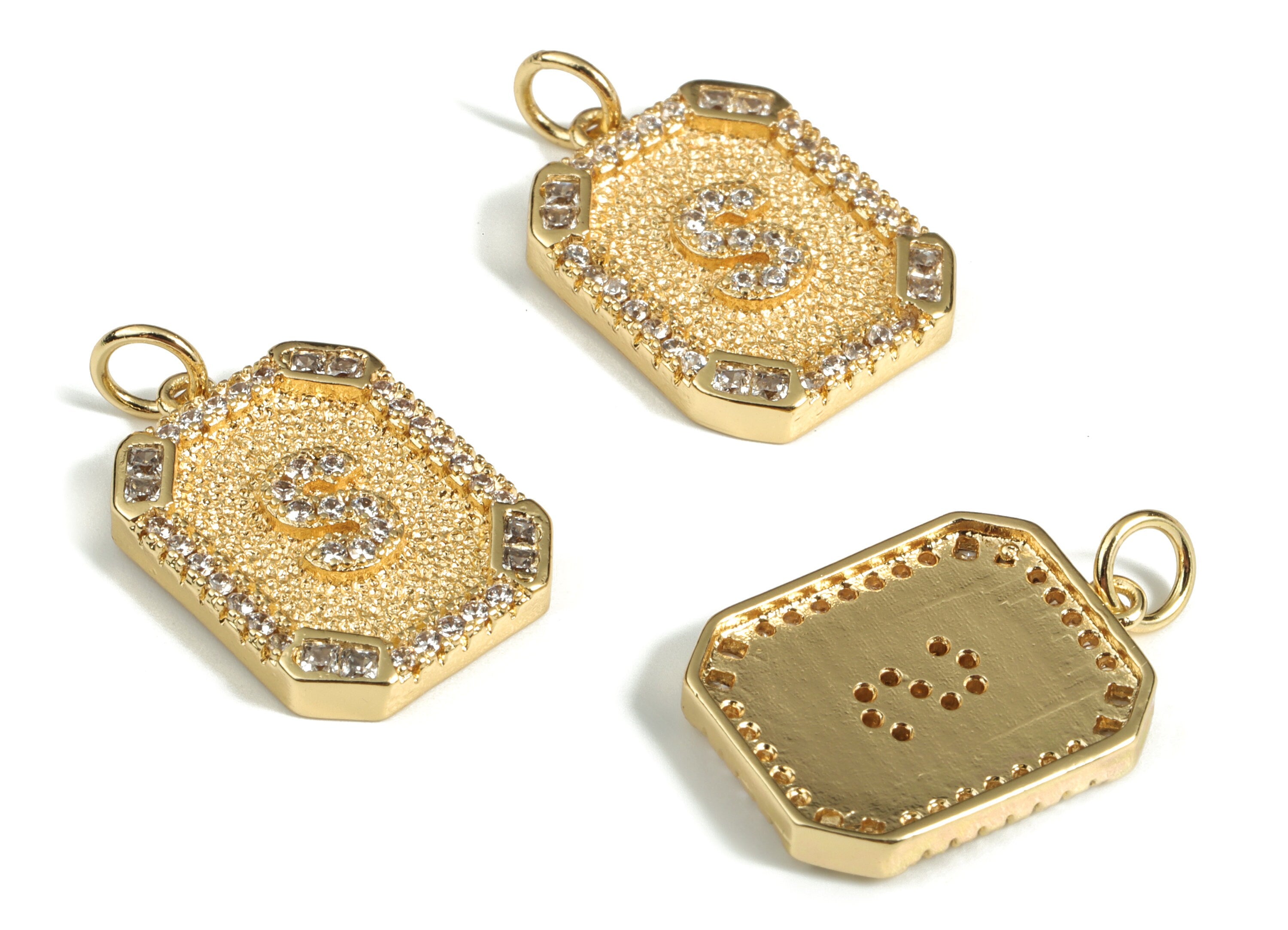 Brass Square Letter S Earring Charm With Zircons - 18k Real Gold Plated Brass - Initial S Gold Square Pendant - 22.89x13.97x2.7mm - RGP3135S - DOMEDBAZAAR