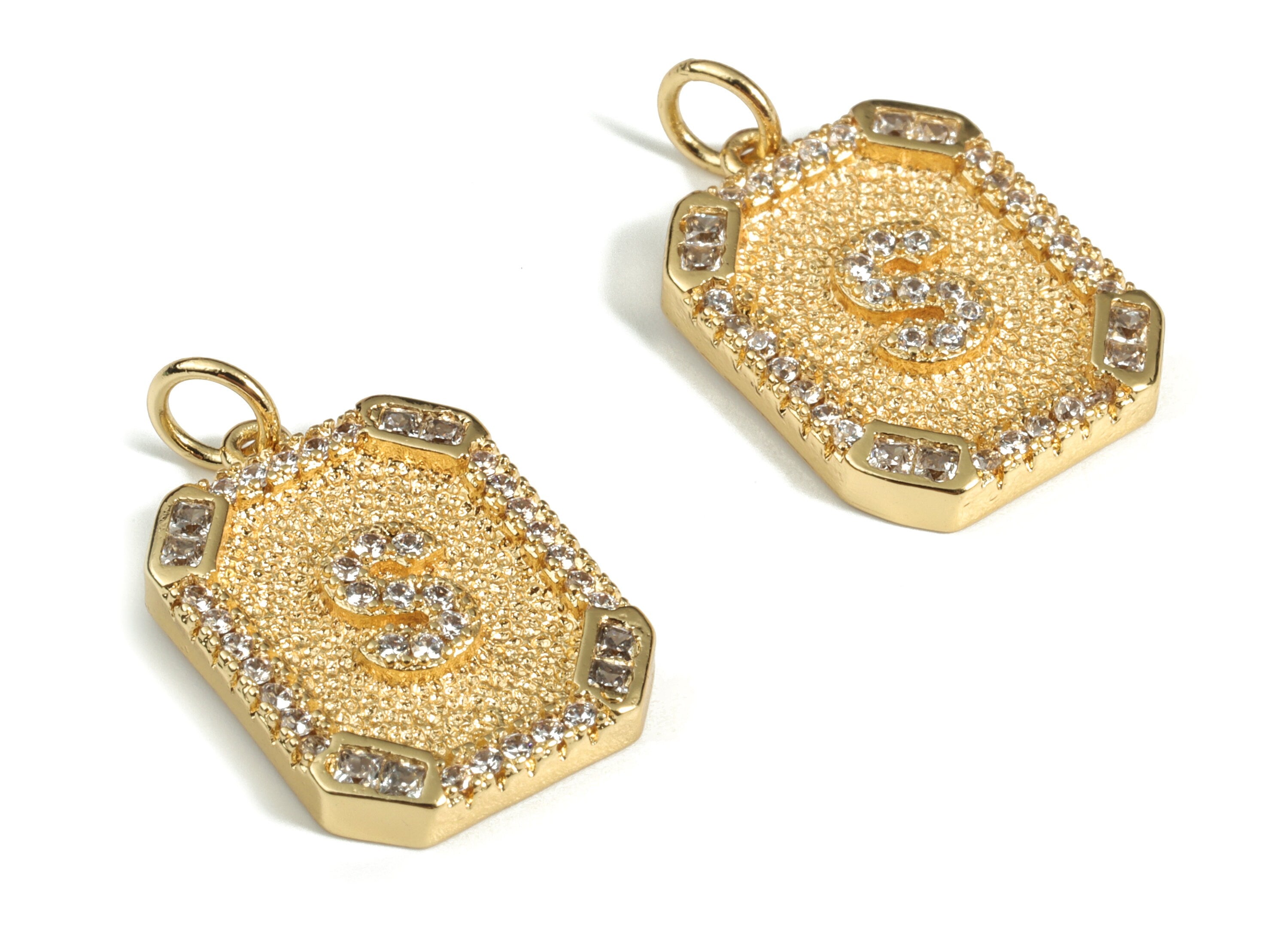 Brass Square Letter S Earring Charm With Zircons - 18k Real Gold Plated Brass - Initial S Gold Square Pendant - 22.89x13.97x2.7mm - RGP3135S - DOMEDBAZAAR