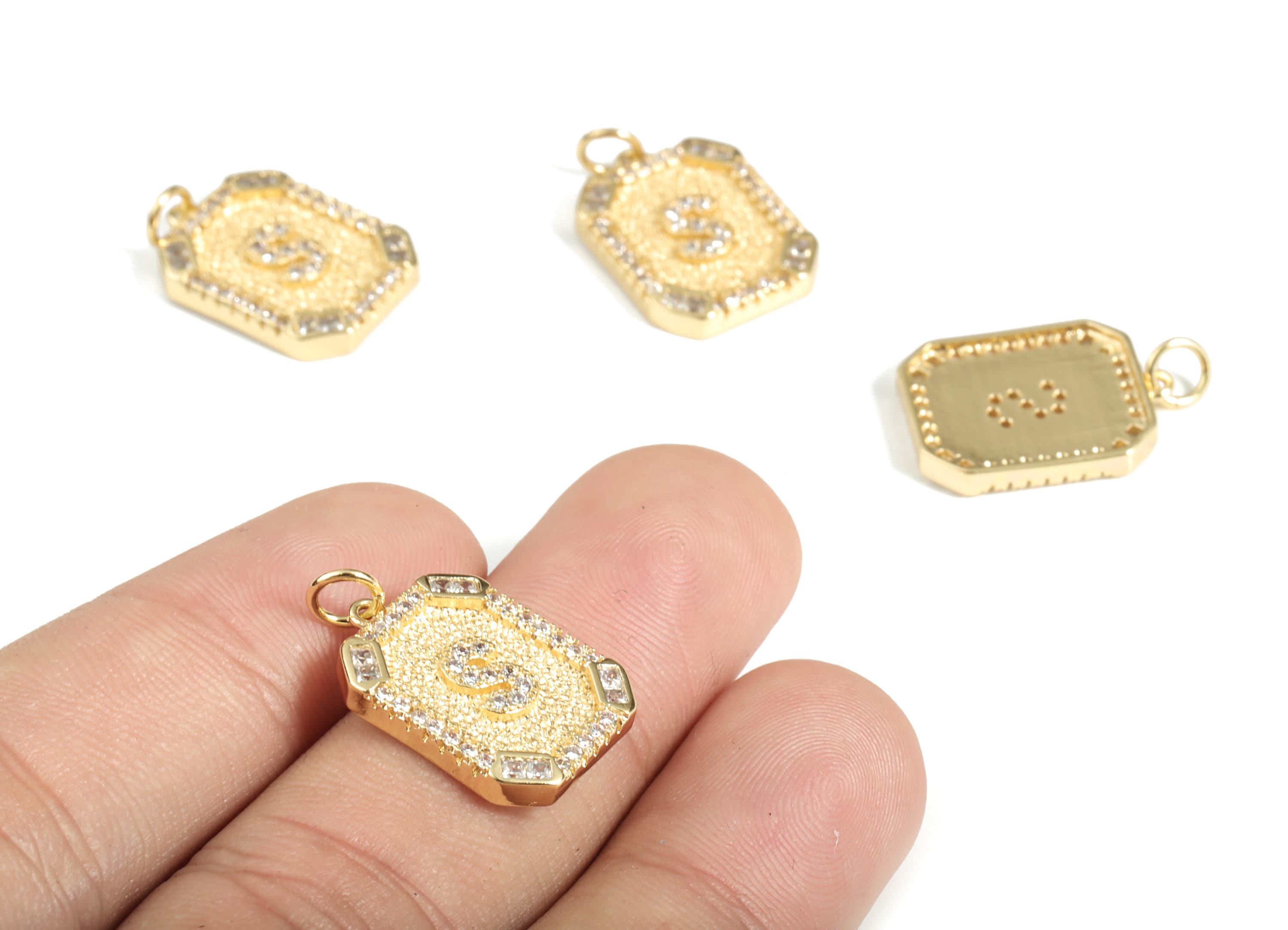 Brass Square Letter S Earring Charm With Zircons - 18k Real Gold Plated Brass - Initial S Gold Square Pendant - 22.89x13.97x2.7mm - RGP3135S - DOMEDBAZAAR