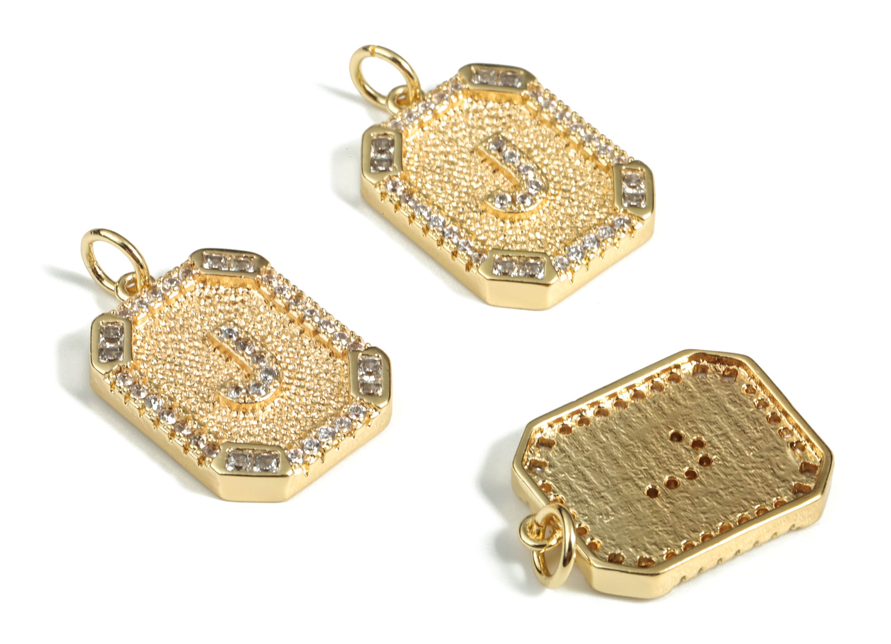 Brass Square Letter J Earring Charm With Zircons - 18k Real Gold Plated Brass - Initial J Gold Square Pendant - 22.89x13.97x2.7mm - RGP3135J - DOMEDBAZAAR