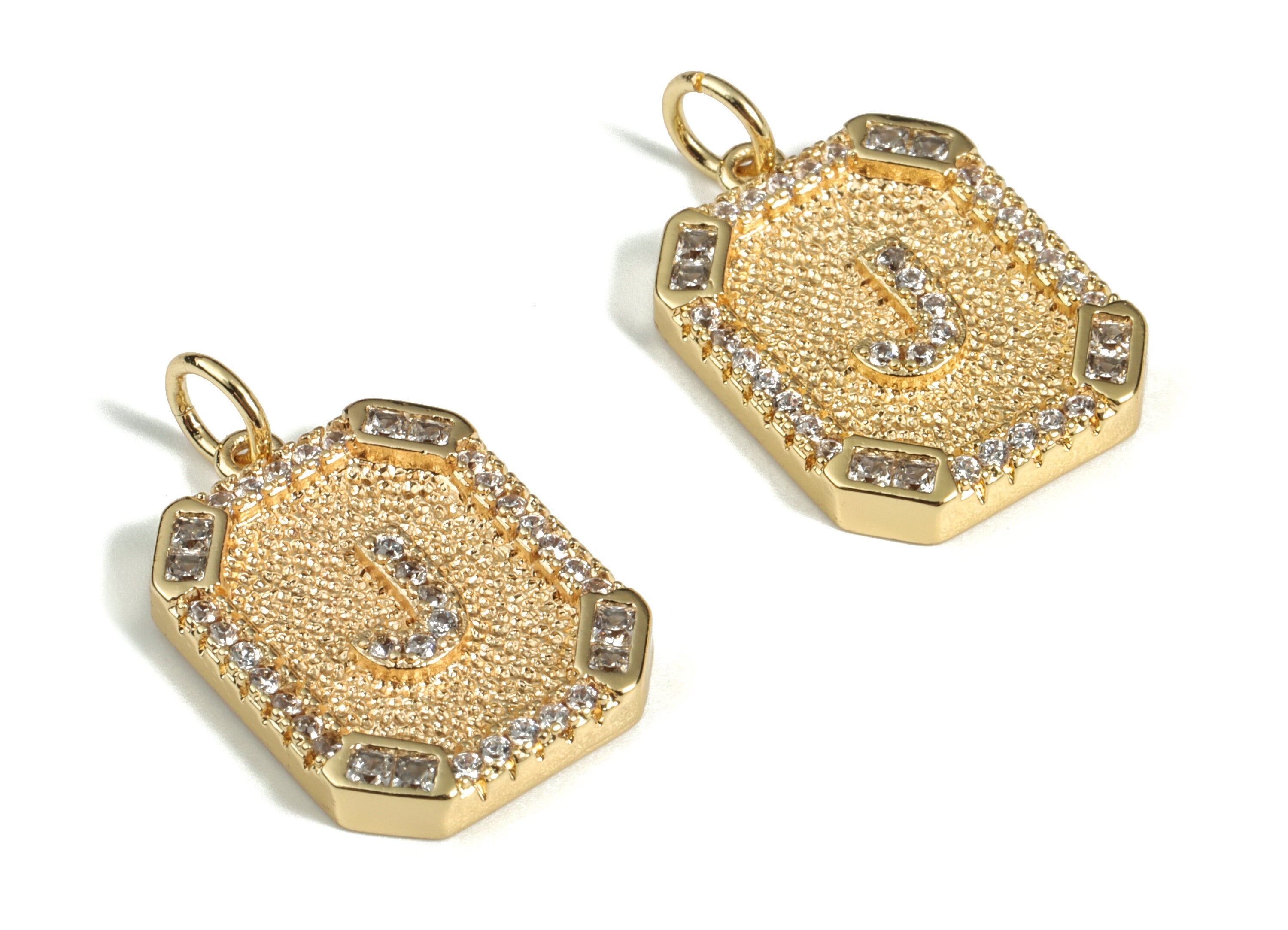 Brass Square Letter J Earring Charm With Zircons - 18k Real Gold Plated Brass - Initial J Gold Square Pendant - 22.89x13.97x2.7mm - RGP3135J - DOMEDBAZAAR