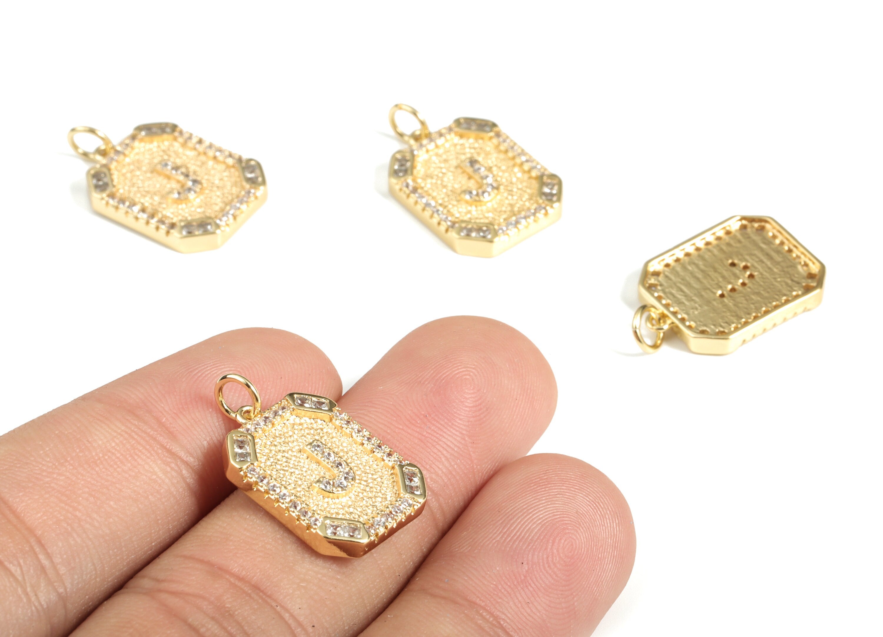 Brass Square Letter J Earring Charm With Zircons - 18k Real Gold Plated Brass - Initial J Gold Square Pendant - 22.89x13.97x2.7mm - RGP3135J - DOMEDBAZAAR