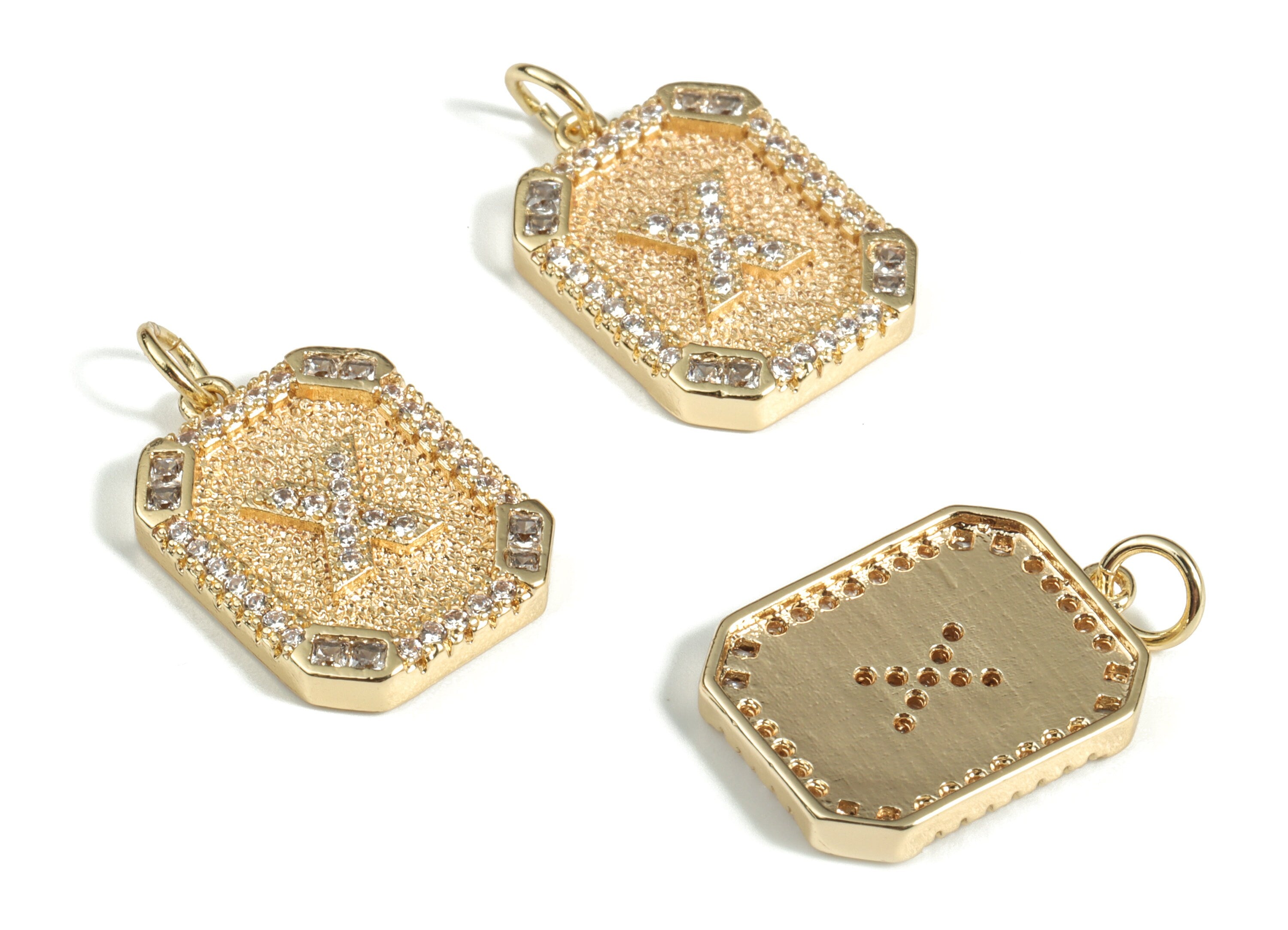 Brass Square Letter X Earring Charm With Zircons - Initial X Gold Square Pendant -18k Real Gold Plated Brass - 22.89x13.97x2.7mm - RGP3135X - DOMEDBAZAAR
