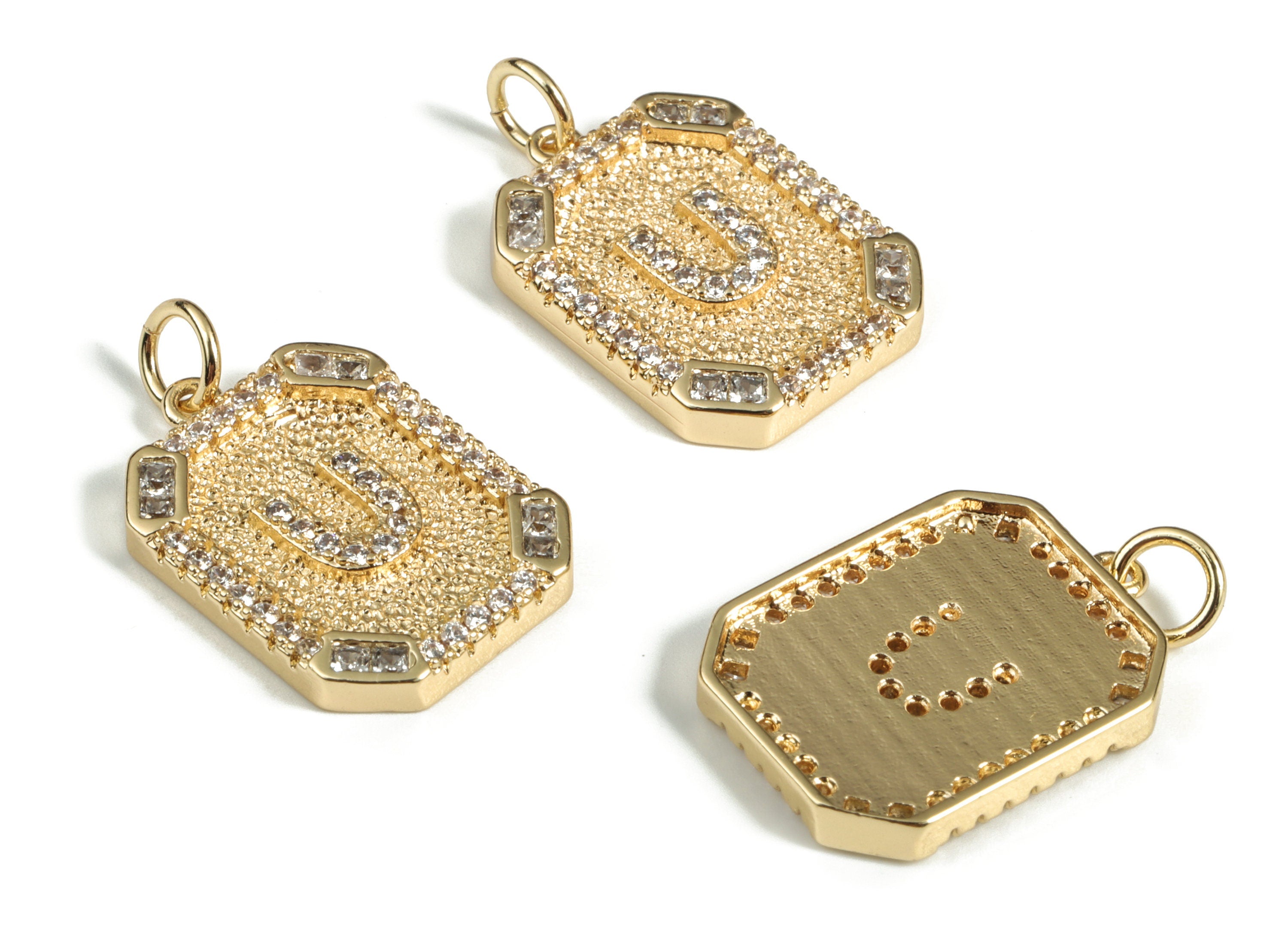 Brass Square Letter U Earring Charm With Zircons - 18k Real Gold Plated Brass - Initial U Gold Square Pendant - 22.89x13.97x2.7mm - RGP3135U - DOMEDBAZAAR