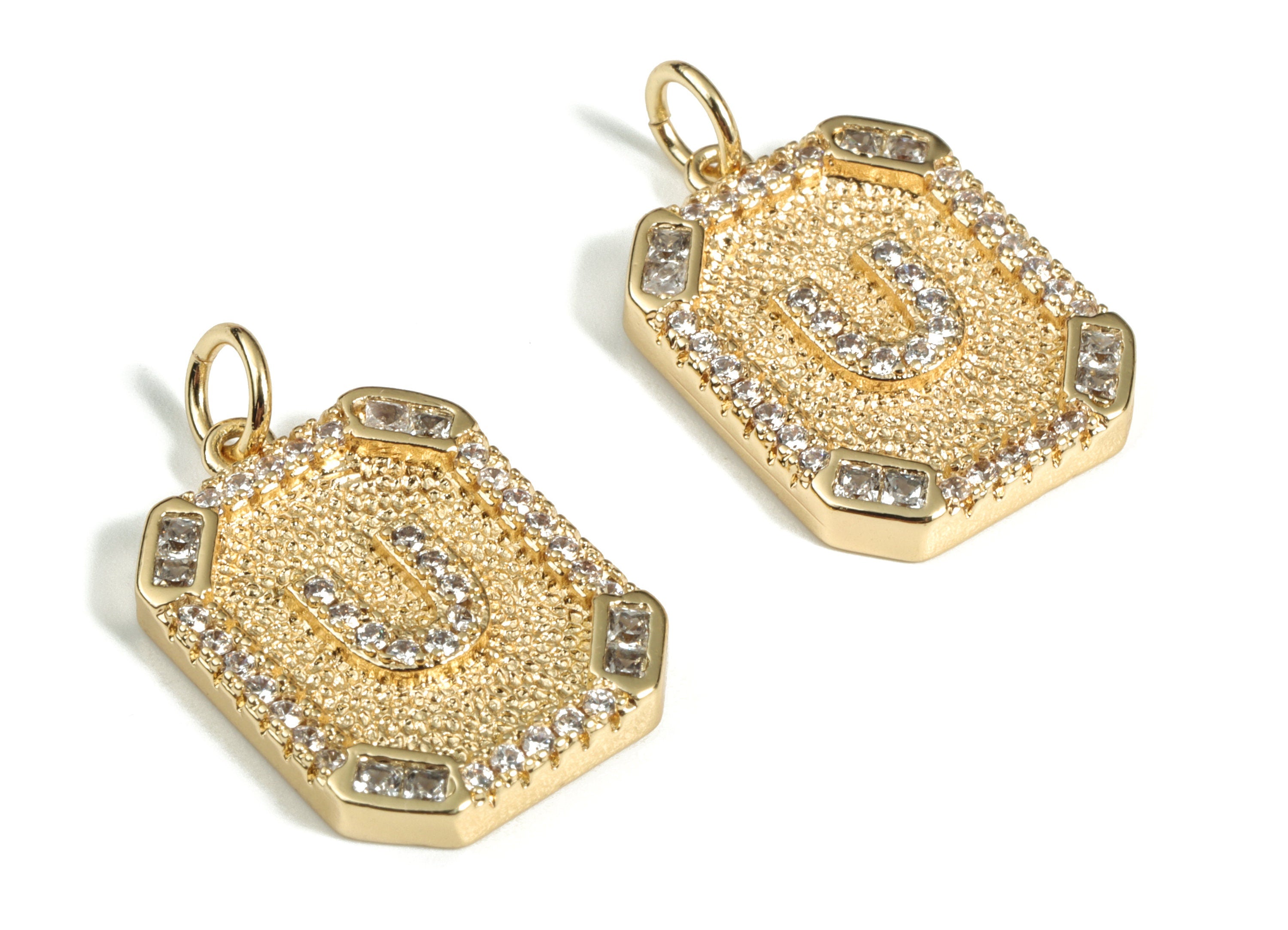 Brass Square Letter U Earring Charm With Zircons - 18k Real Gold Plated Brass - Initial U Gold Square Pendant - 22.89x13.97x2.7mm - RGP3135U - DOMEDBAZAAR