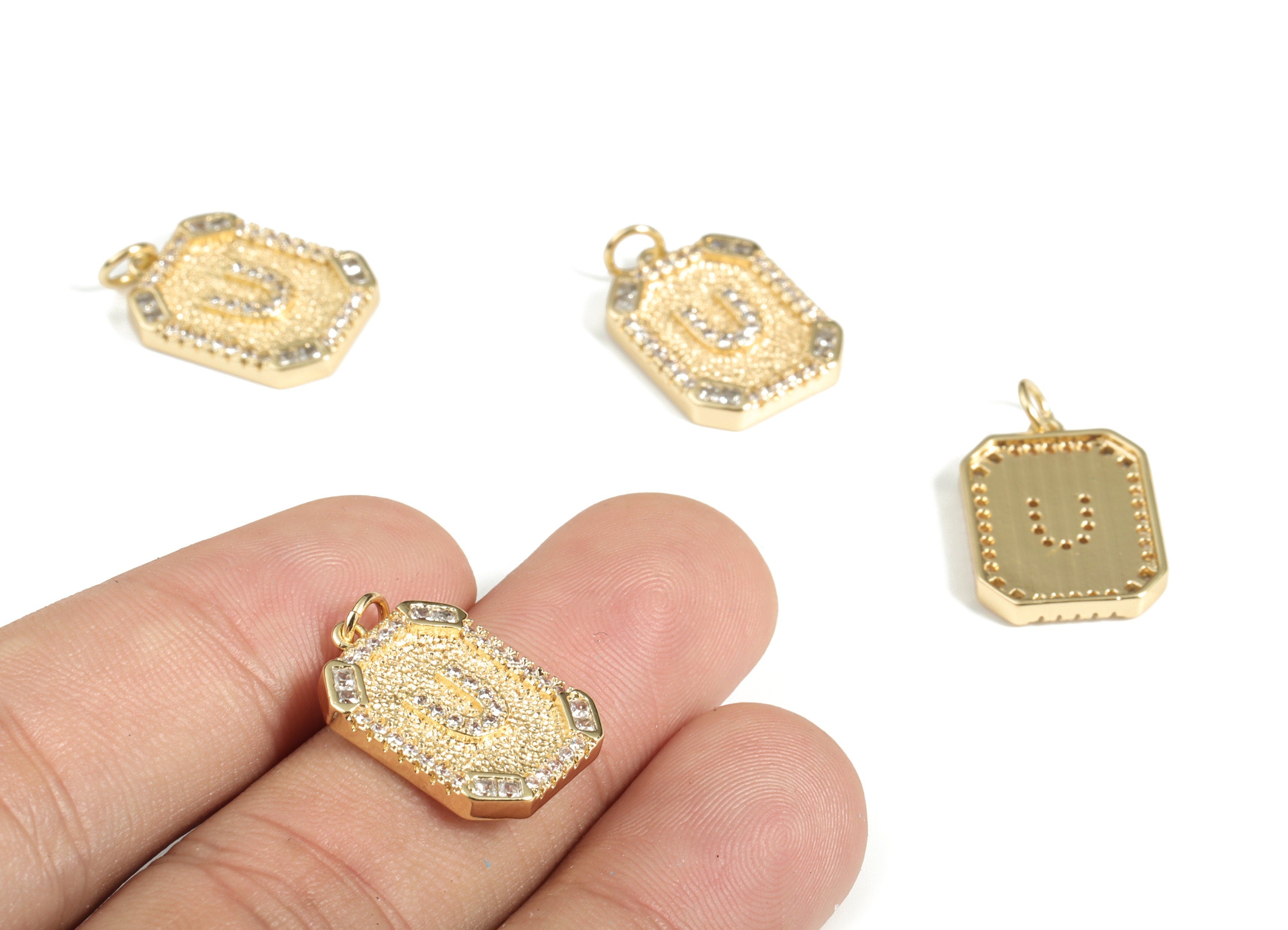 Brass Square Letter U Earring Charm With Zircons - 18k Real Gold Plated Brass - Initial U Gold Square Pendant - 22.89x13.97x2.7mm - RGP3135U - DOMEDBAZAAR