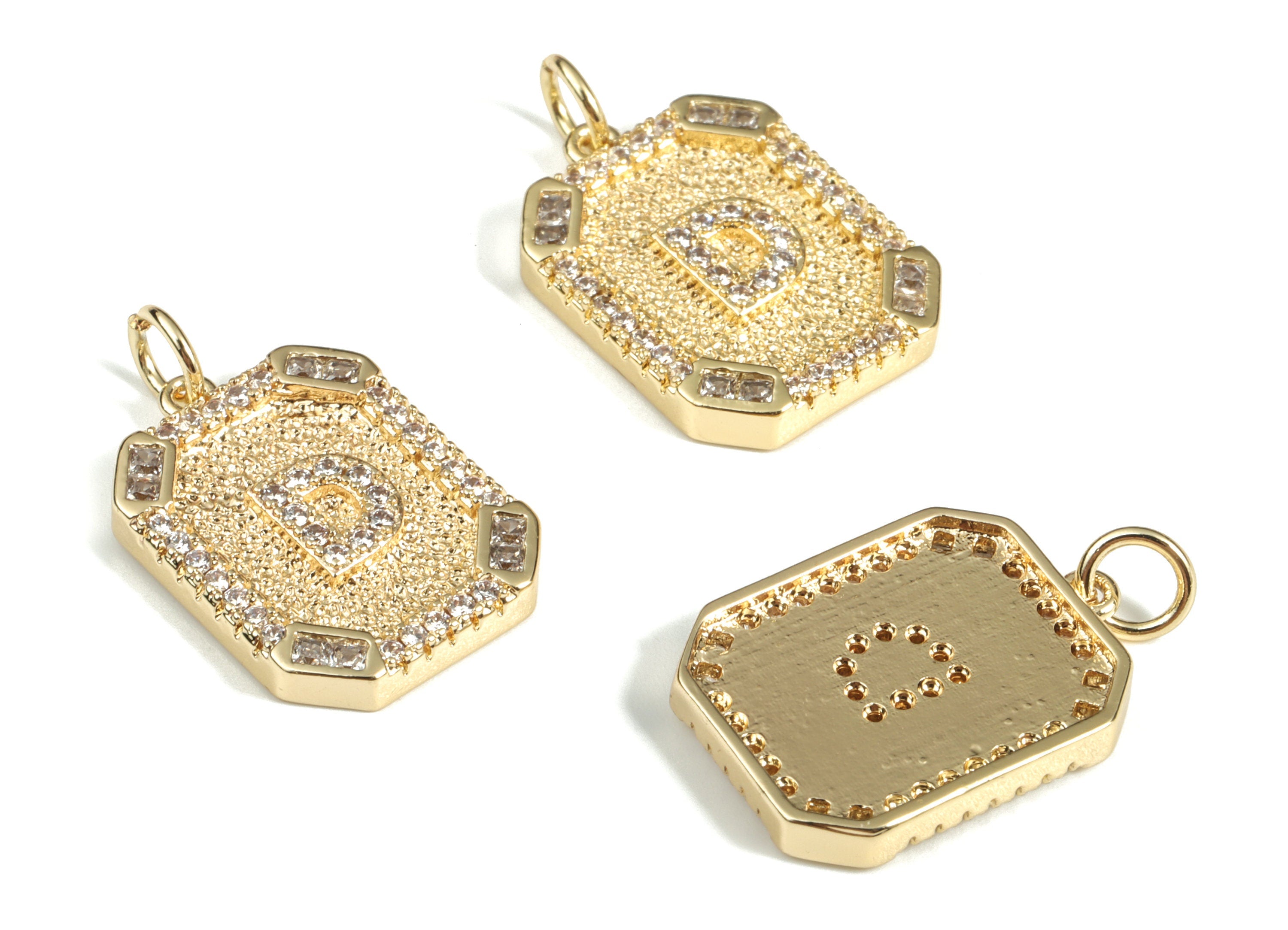 Brass Square Letter D Earring Charm With Zircons - Initial D Gold Square Pendant - 18k Real Gold Plated Brass - 22.89x13.97x2.7mm - RGP3135D - DOMEDBAZAAR