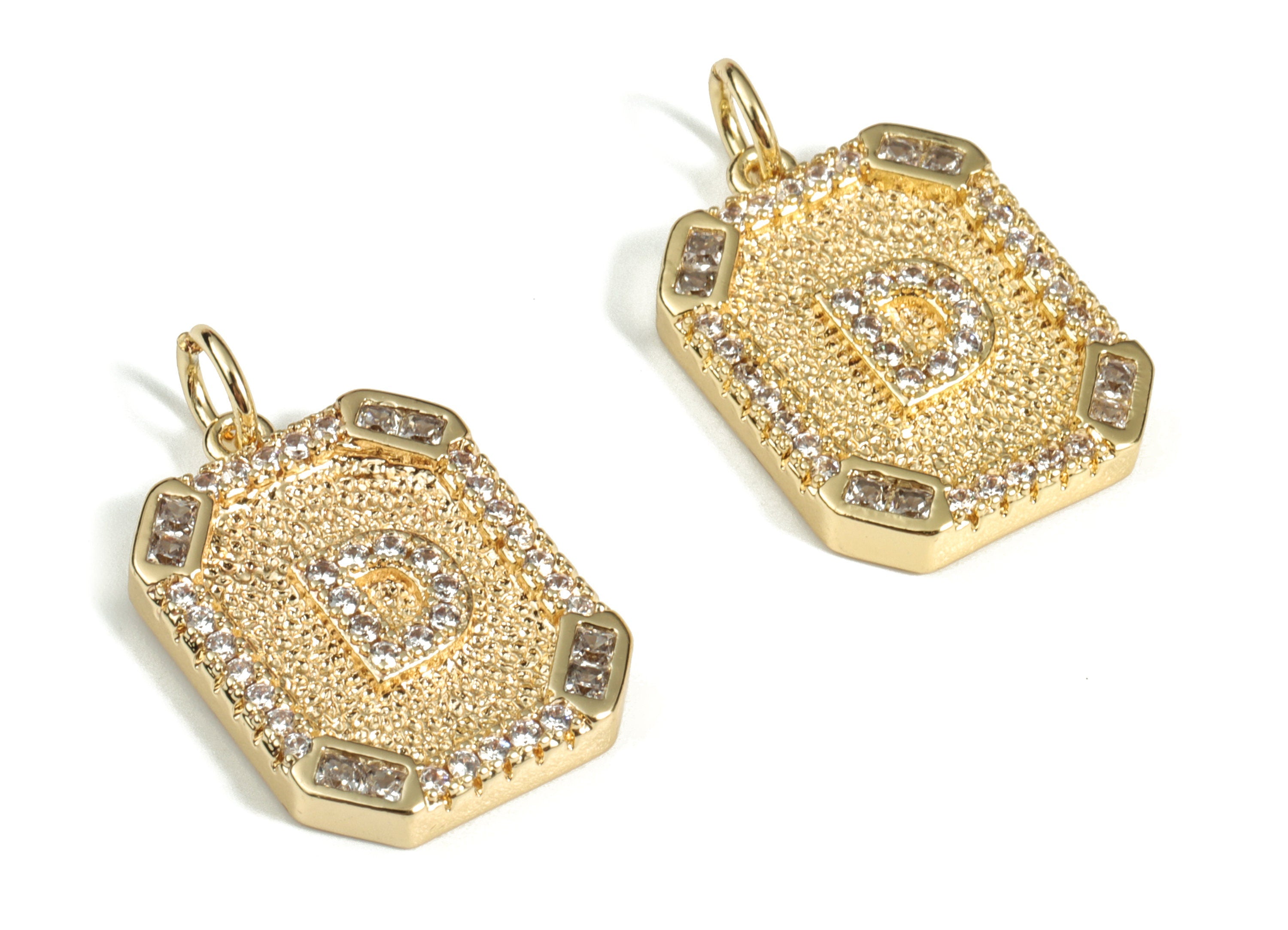 Brass Square Letter D Earring Charm With Zircons - Initial D Gold Square Pendant - 18k Real Gold Plated Brass - 22.89x13.97x2.7mm - RGP3135D - DOMEDBAZAAR