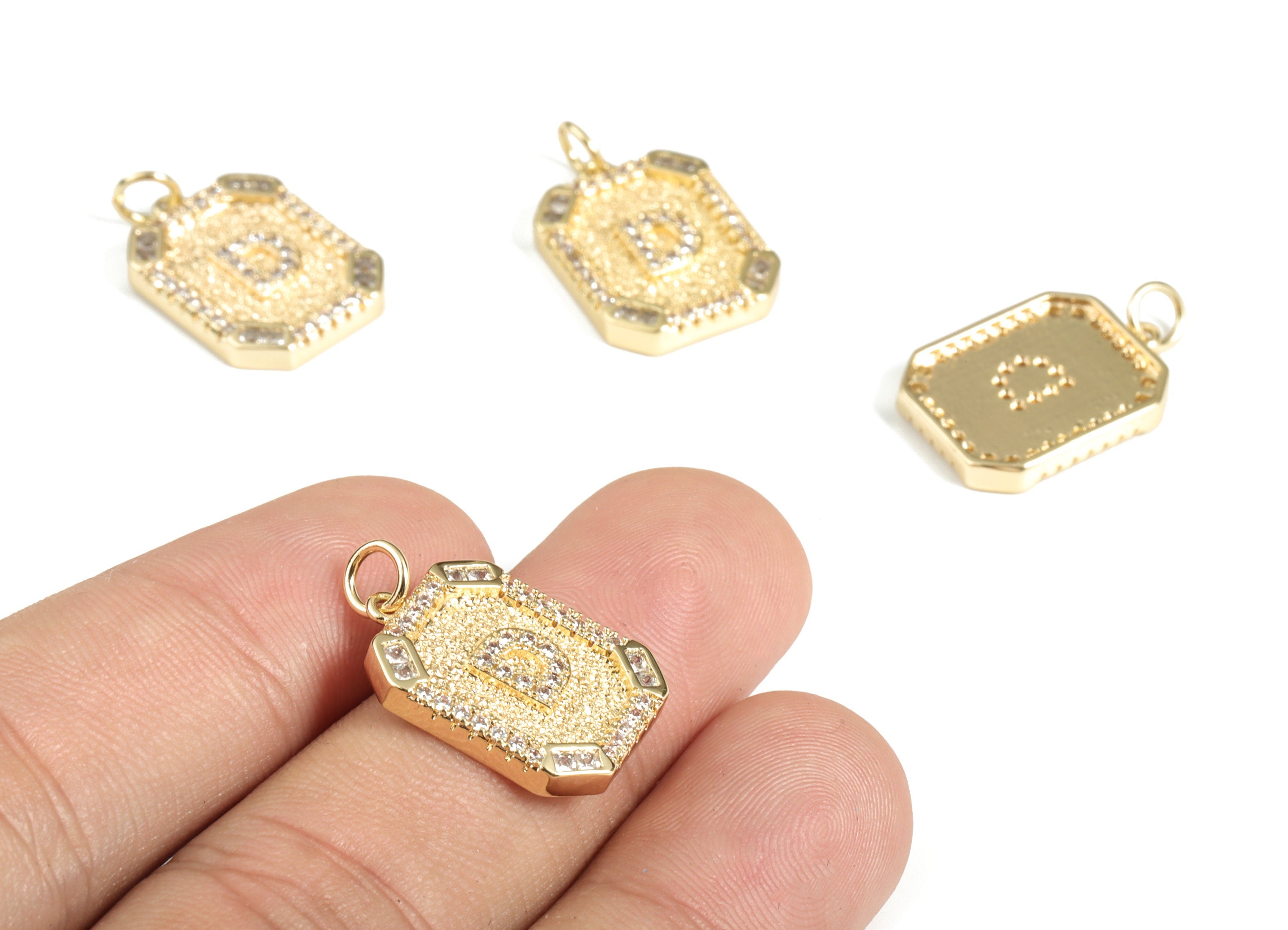 Brass Square Letter D Earring Charm With Zircons - Initial D Gold Square Pendant - 18k Real Gold Plated Brass - 22.89x13.97x2.7mm - RGP3135D - DOMEDBAZAAR