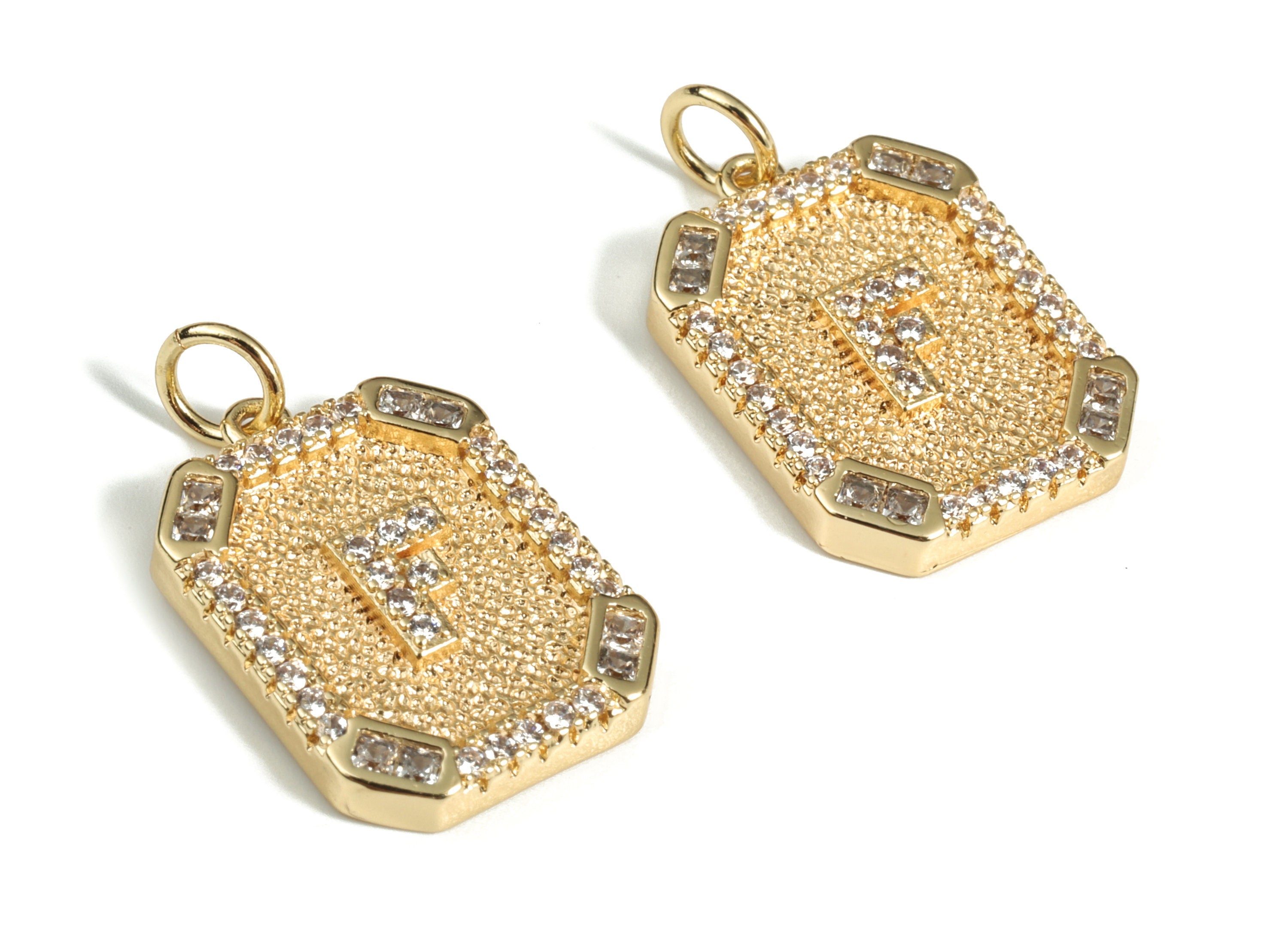 Brass Square Letter F Earring Charm with Zircons - Initial F Gold Square Pendant - 18k Real Gold Plated Brass - 22.89x13.97x2.7mm - RGP3135F - DOMEDBAZAAR