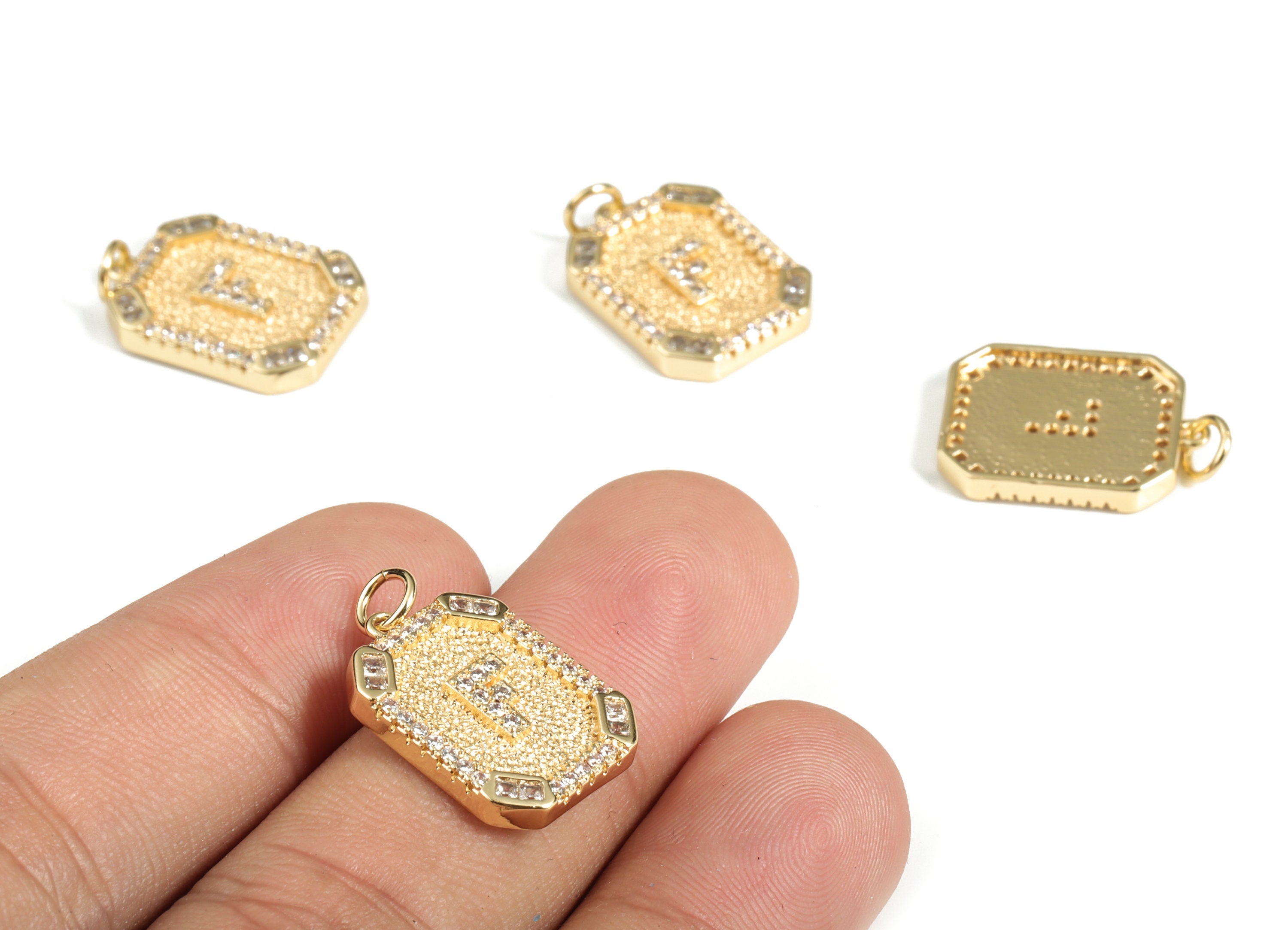 Brass Square Letter F Earring Charm with Zircons - Initial F Gold Square Pendant - 18k Real Gold Plated Brass - 22.89x13.97x2.7mm - RGP3135F - DOMEDBAZAAR