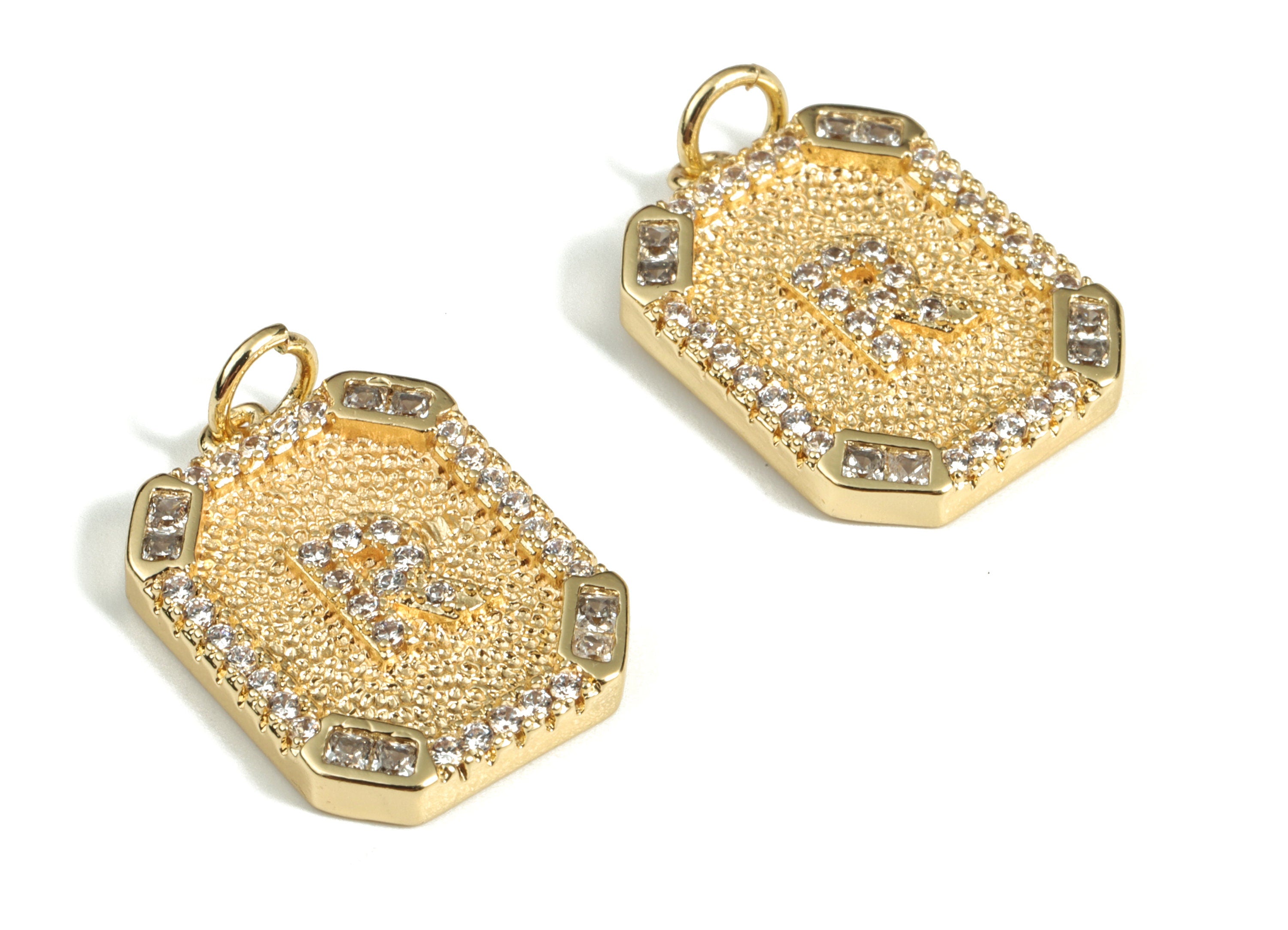 Brass Square Letter R Earring Charm With Zircons - 18k Real Gold Plated Brass - Initial R Gold Square Pendant - 22.89x13.97x2.7mm - RGP3135R - DOMEDBAZAAR