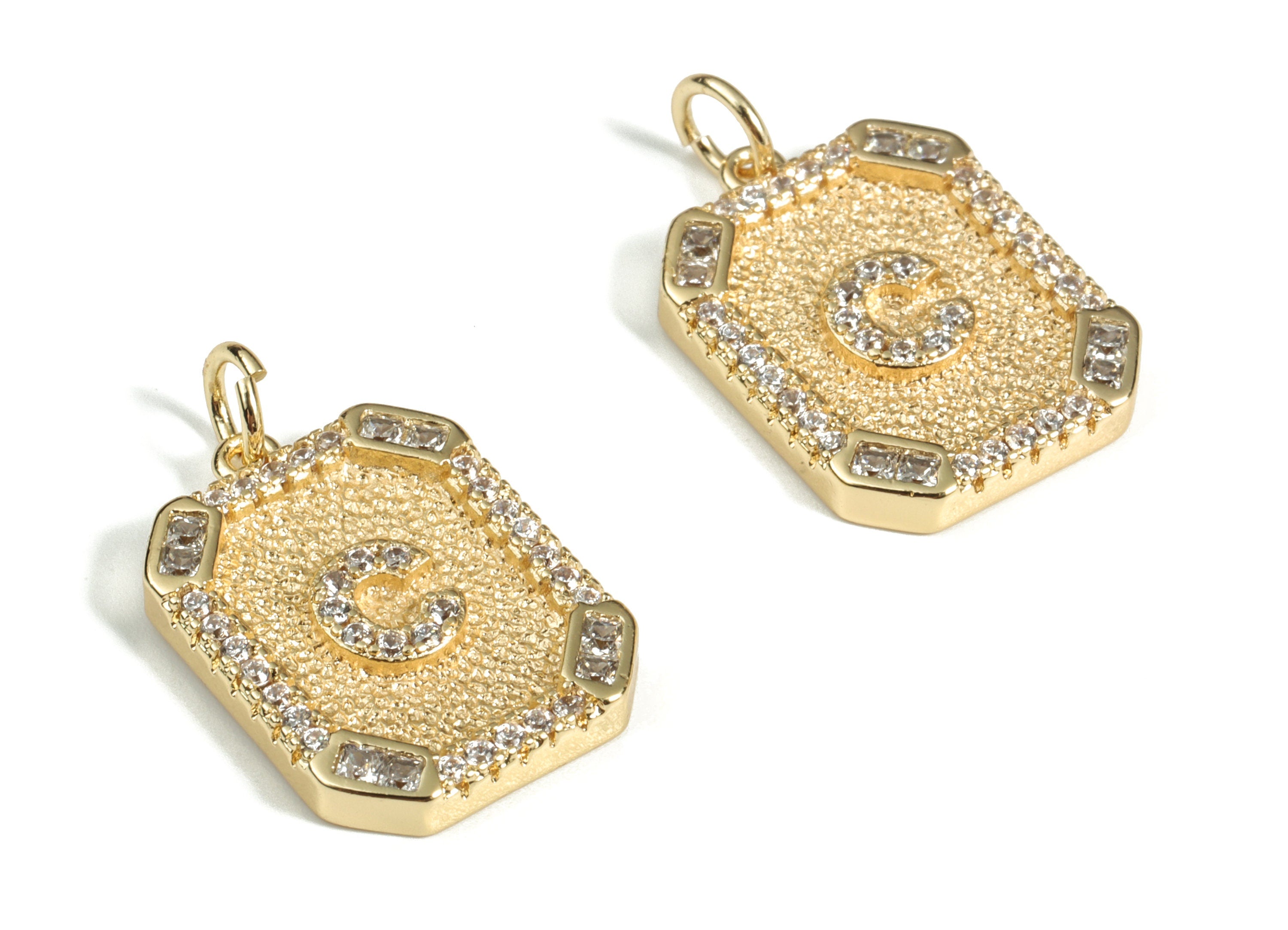 Brass Square Letter C Earring Charm With Zircons -18k Real Gold Plated Brass -Initial C Gold Square Pendant - 22.89x13.97x2.7mm - RGP3135C - DOMEDBAZAAR