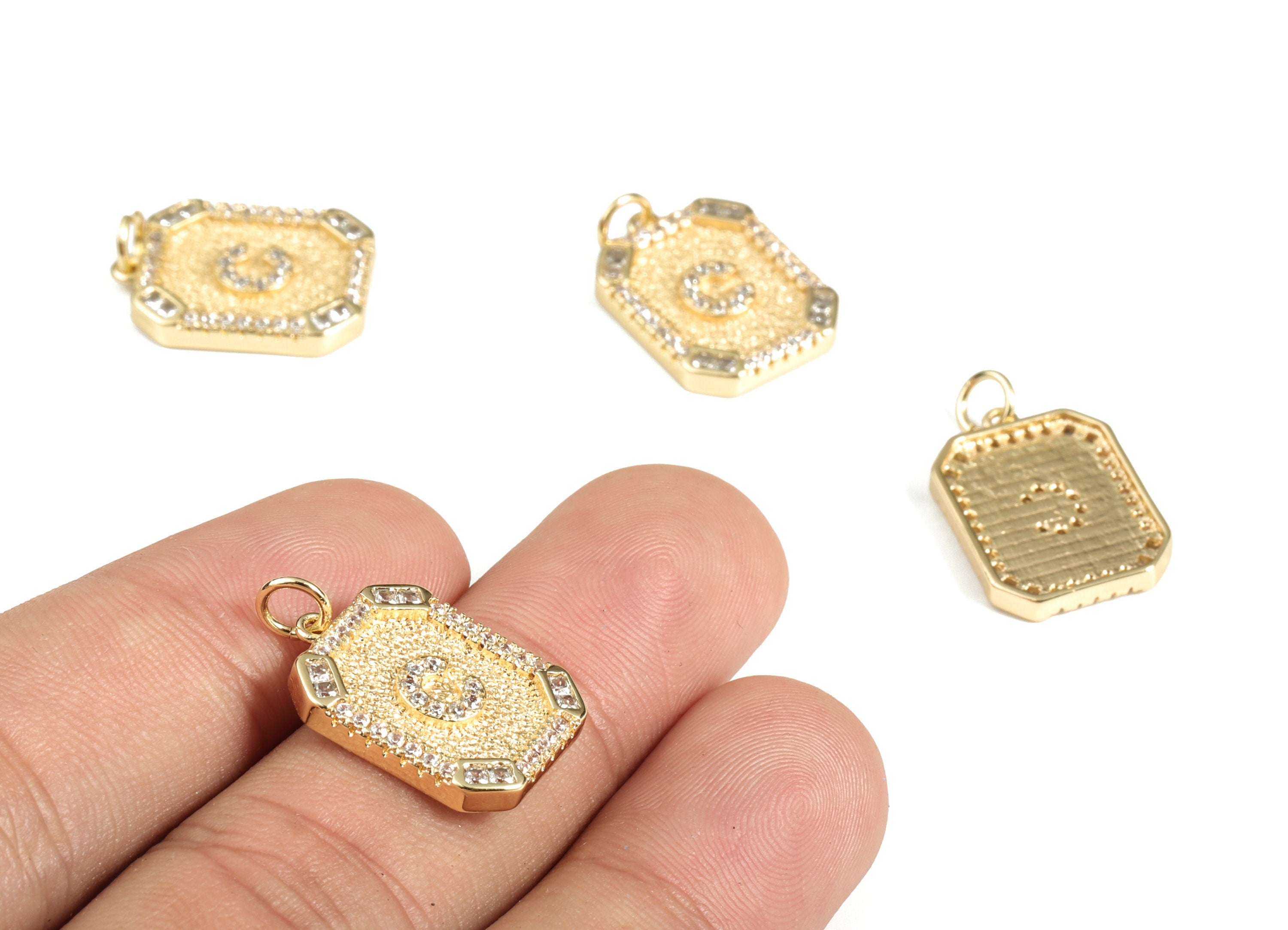 Brass Square Letter C Earring Charm With Zircons -18k Real Gold Plated Brass -Initial C Gold Square Pendant - 22.89x13.97x2.7mm - RGP3135C - DOMEDBAZAAR