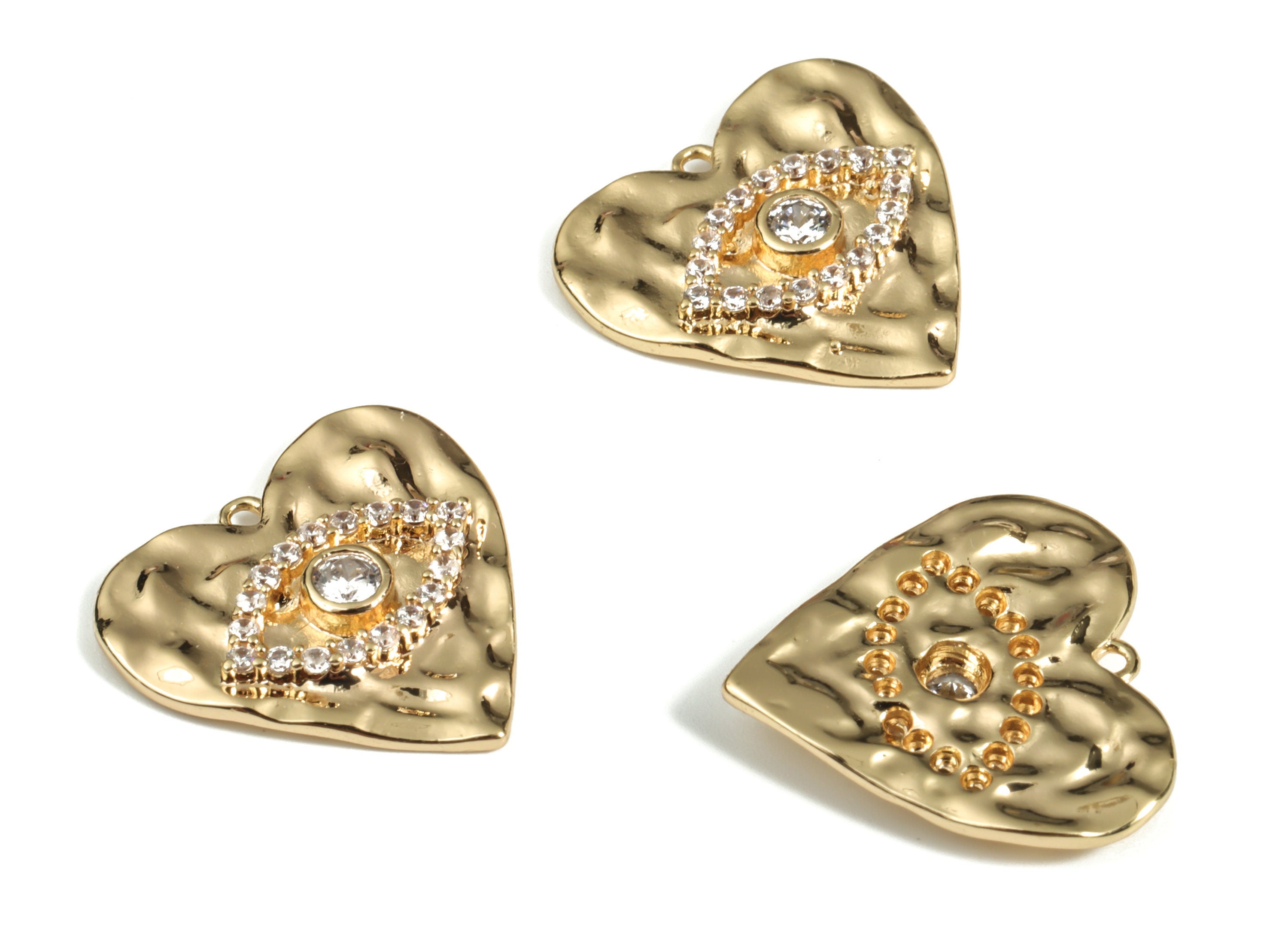 Brass Heart Eye Earring Charms With Zircons - Gold Heart Eye Pendant - 18K Real Gold Plated Brass - 17.34x16.89x2.73mm - RGP3114 - DOMEDBAZAAR