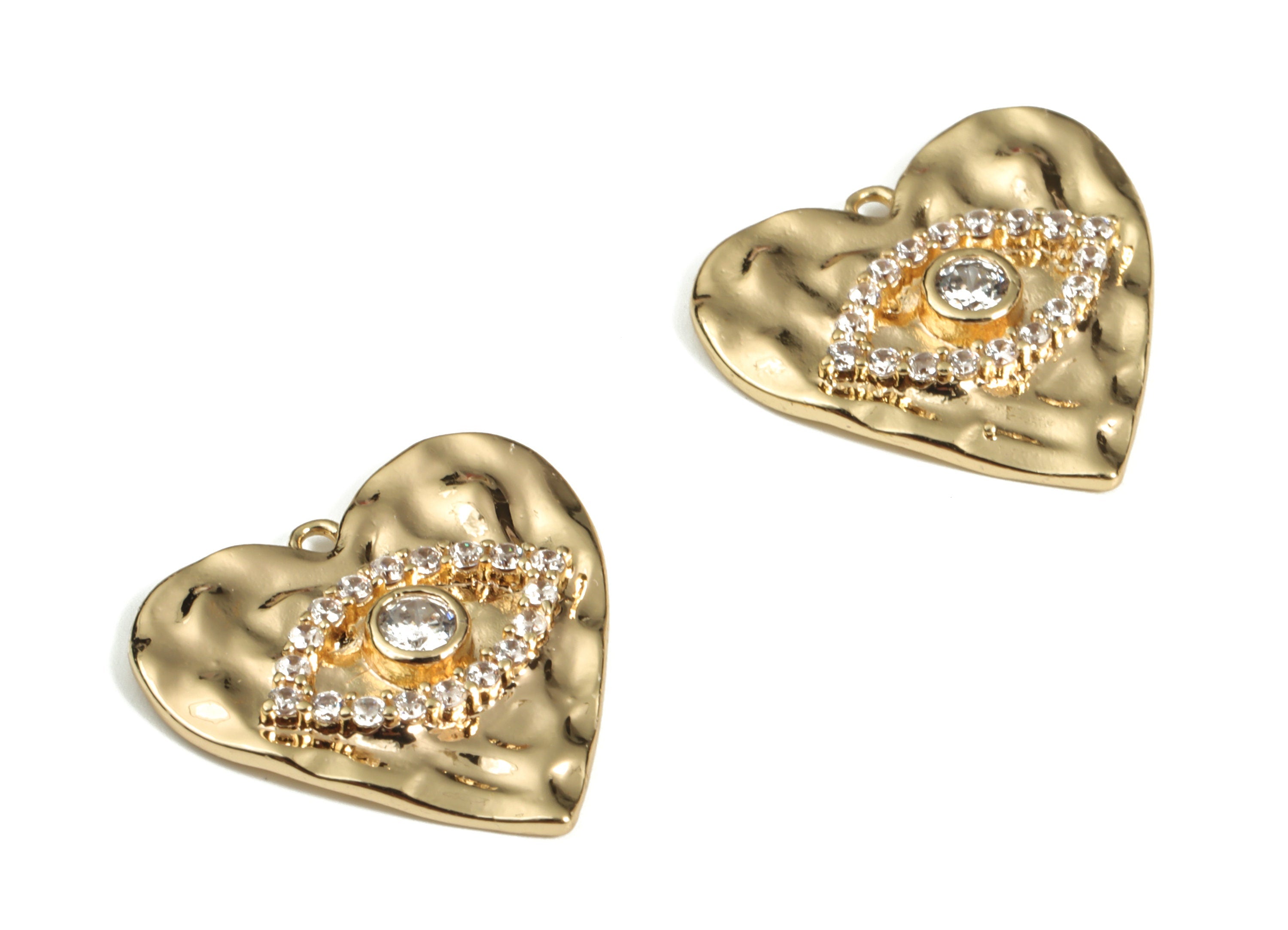 Brass Heart Eye Earring Charms With Zircons - Gold Heart Eye Pendant - 18K Real Gold Plated Brass - 17.34x16.89x2.73mm - RGP3114 - DOMEDBAZAAR