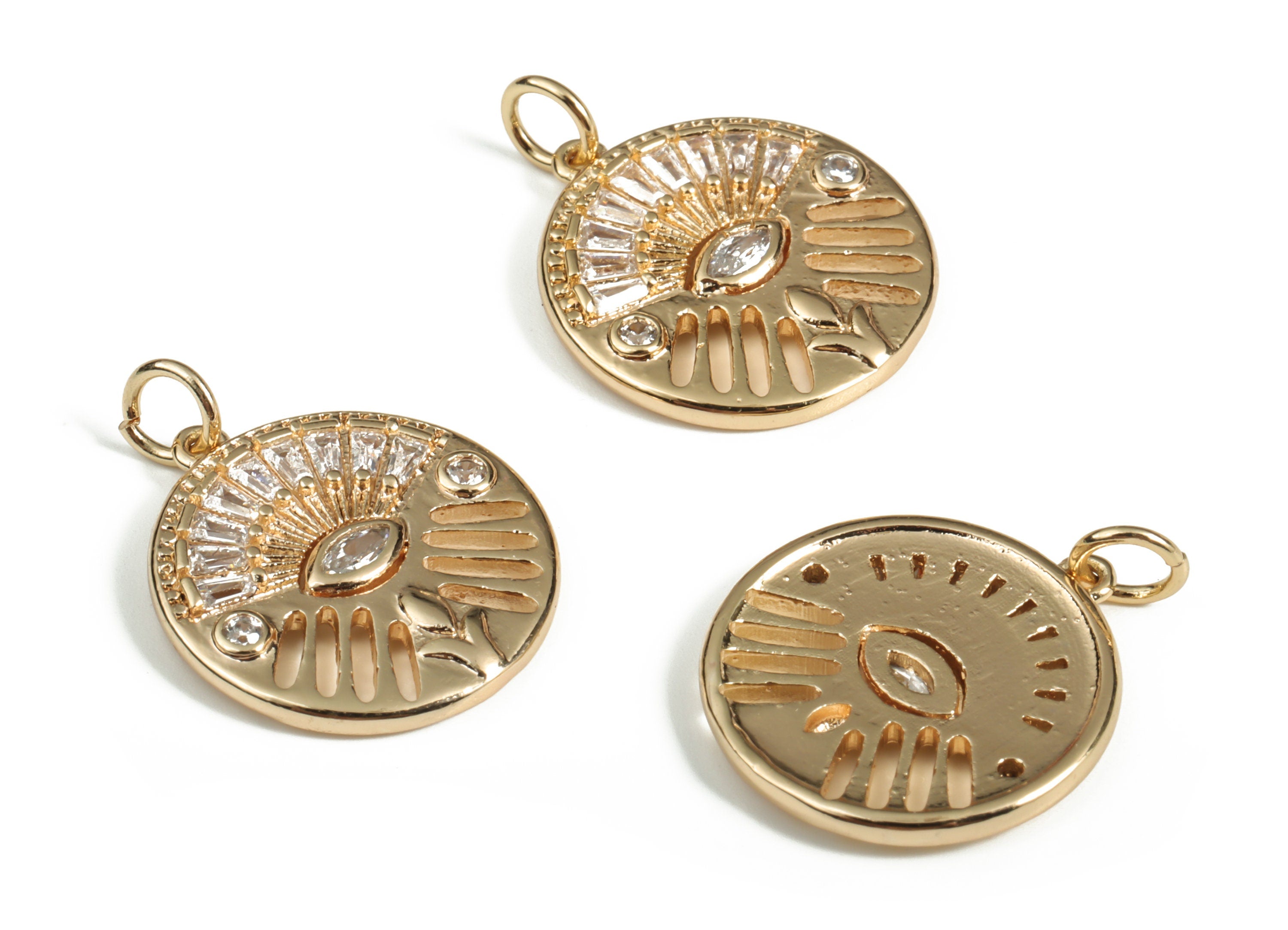 Brass Round Eye Earring Charms With Zircons - Gold Circle Eye Pendant - 18K Real Gold Plated Brass - 22.46x17.25x2.15mm - RGP3117 - DOMEDBAZAAR