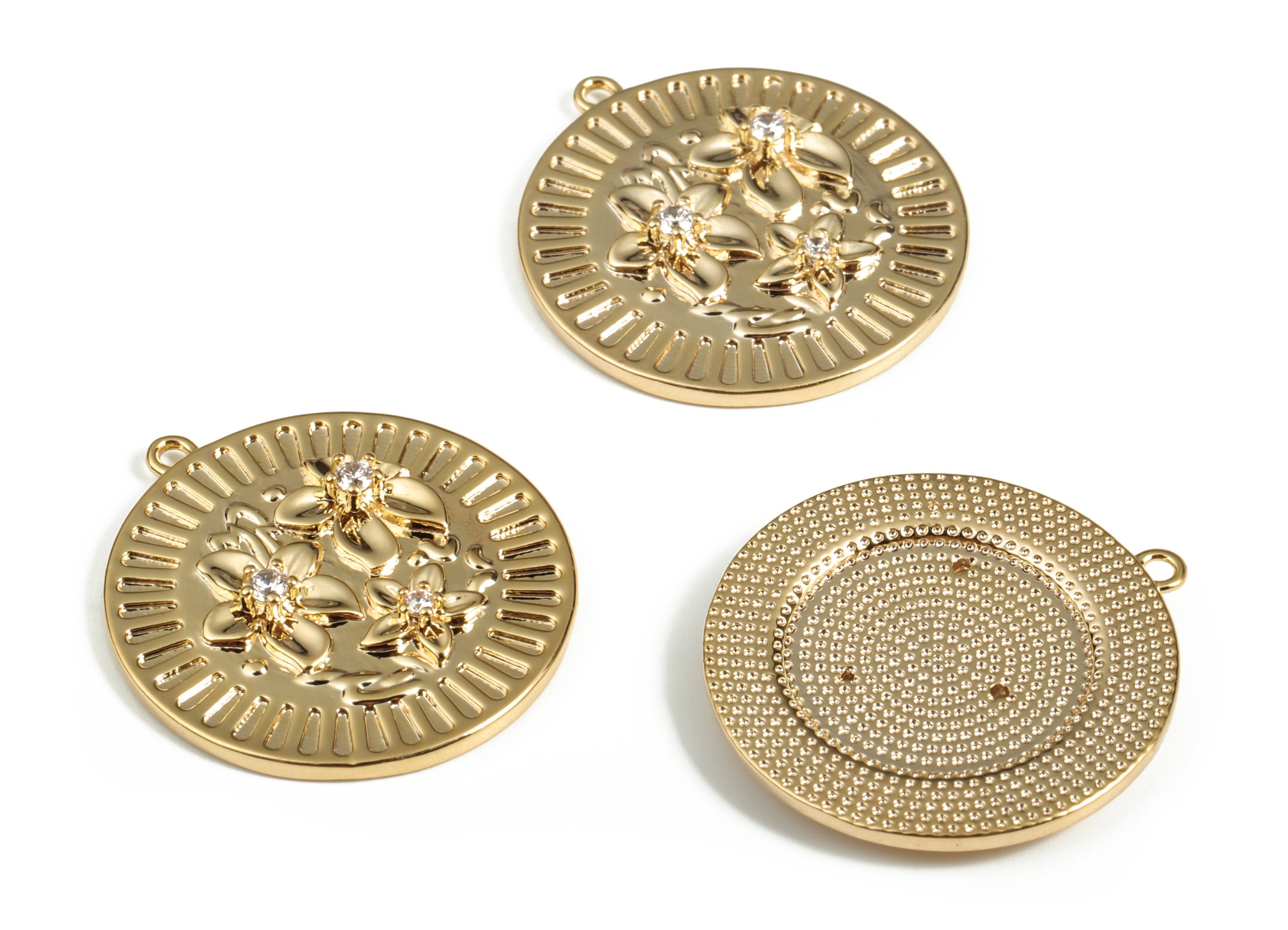Brass Round Flower Earring Charms With Zircons - Gold Circle Flower Pendant - 18K Real Gold Plated Brass - 25.09x23.2x3.04mm - RGP3116 - DOMEDBAZAAR