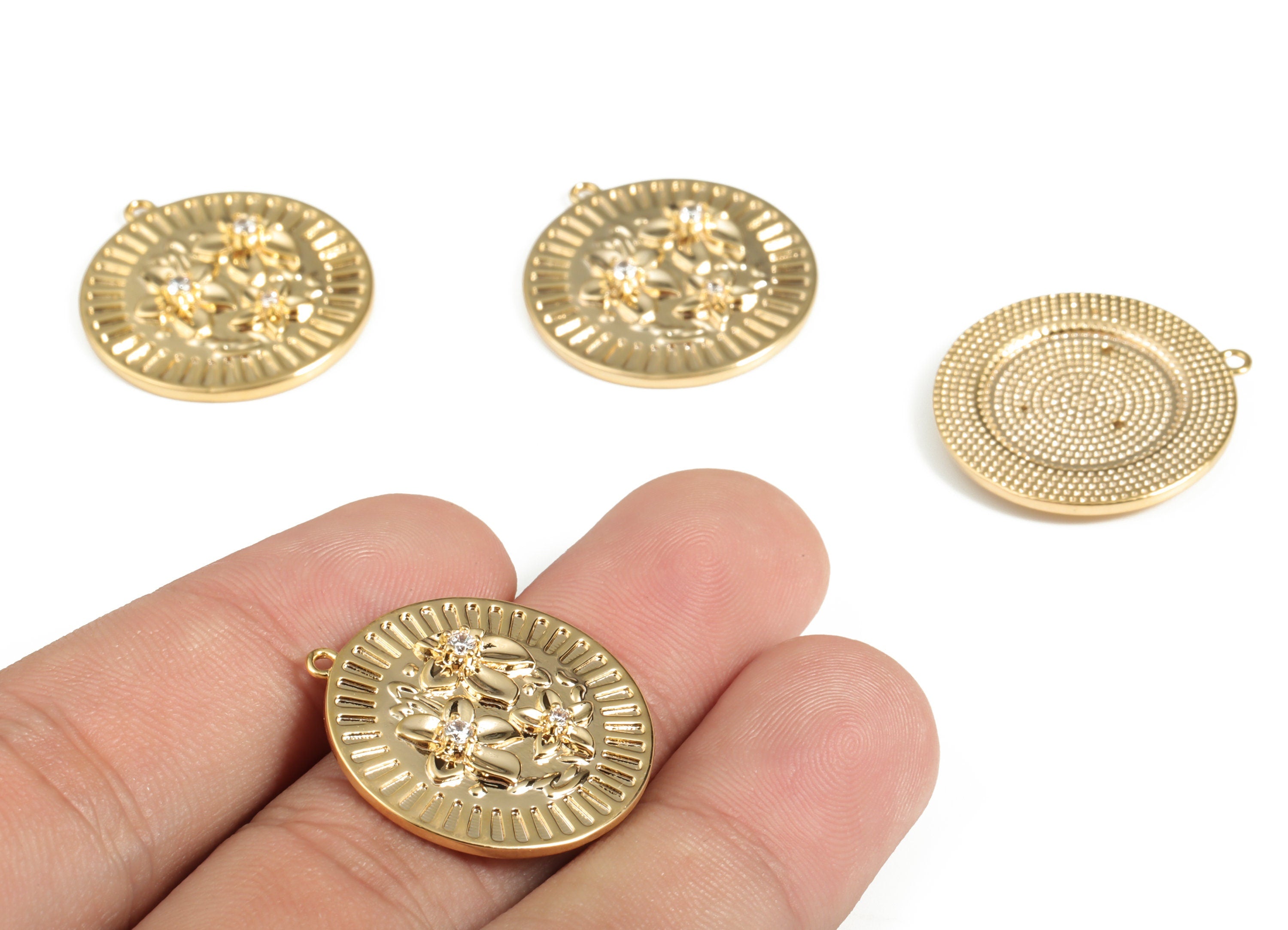 Brass Round Flower Earring Charms With Zircons - Gold Circle Flower Pendant - 18K Real Gold Plated Brass - 25.09x23.2x3.04mm - RGP3116 - DOMEDBAZAAR