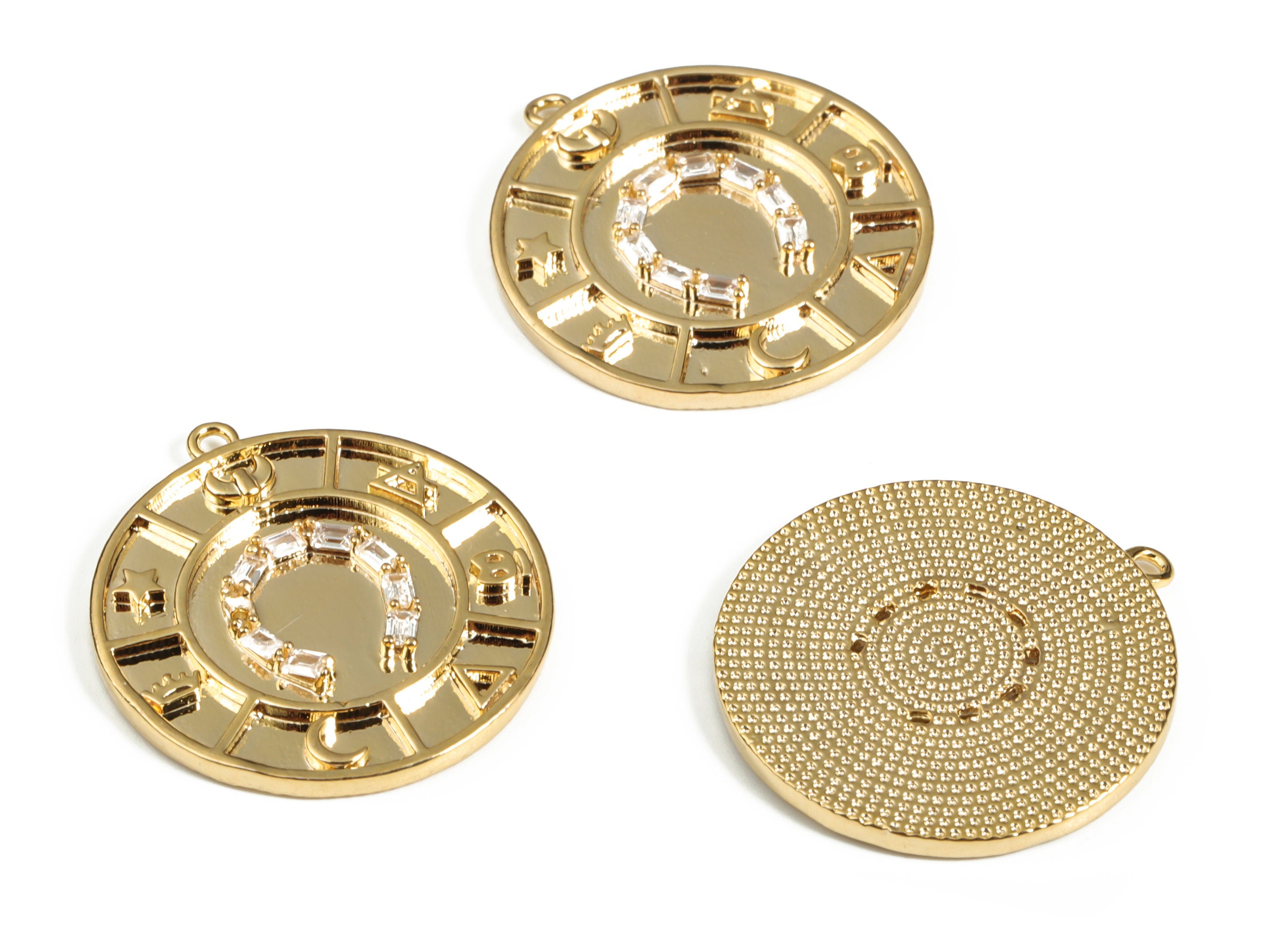 Brass Round Pattern Earring Charms with Zircons - Gold Circle C Pendant - 18K Real Gold Plated Brass - 25.15x23.1x2.19mm - RGP3110 - DOMEDBAZAAR