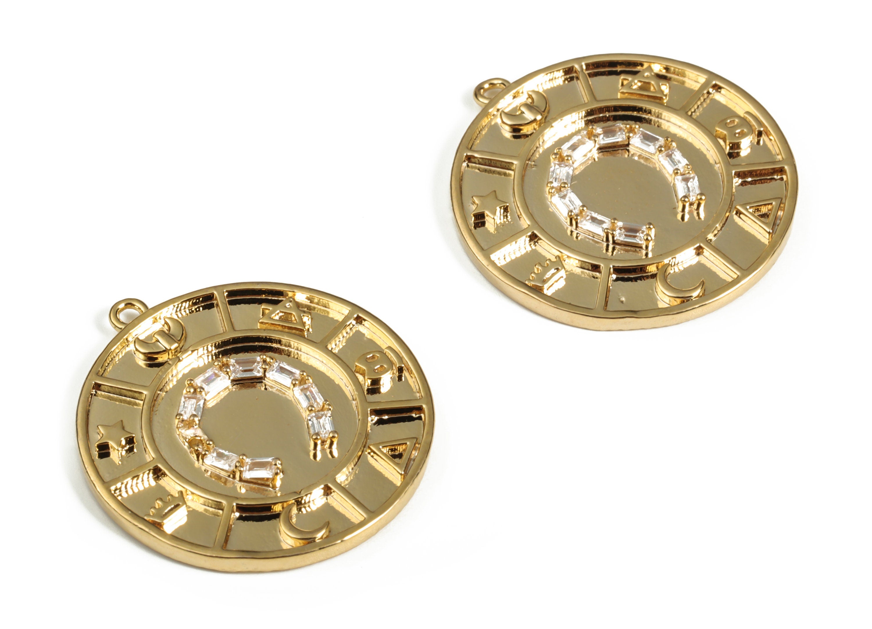 Brass Round Pattern Earring Charms with Zircons - Gold Circle C Pendant - 18K Real Gold Plated Brass - 25.15x23.1x2.19mm - RGP3110 - DOMEDBAZAAR