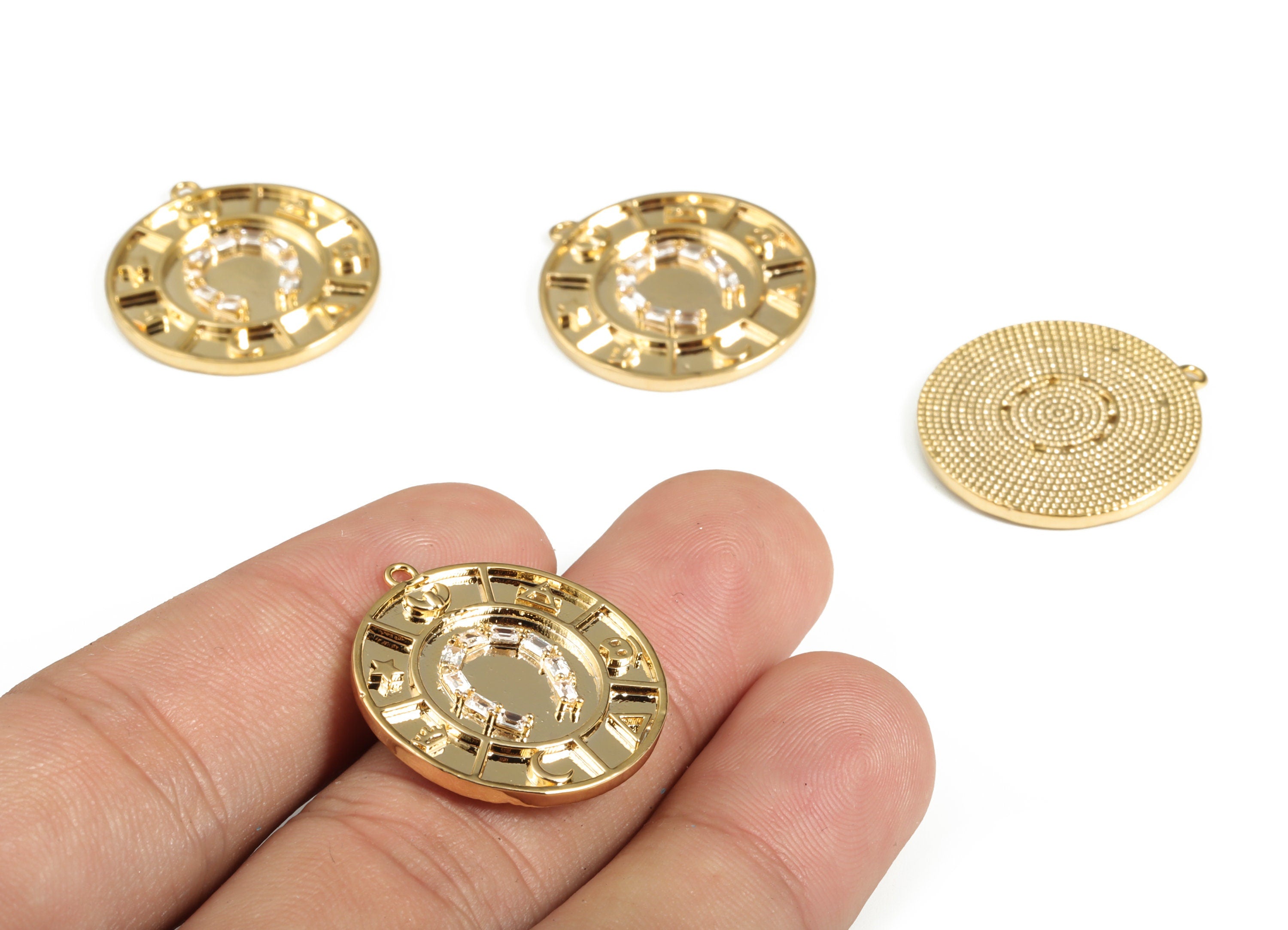 Brass Round Pattern Earring Charms with Zircons - Gold Circle C Pendant - 18K Real Gold Plated Brass - 25.15x23.1x2.19mm - RGP3110 - DOMEDBAZAAR