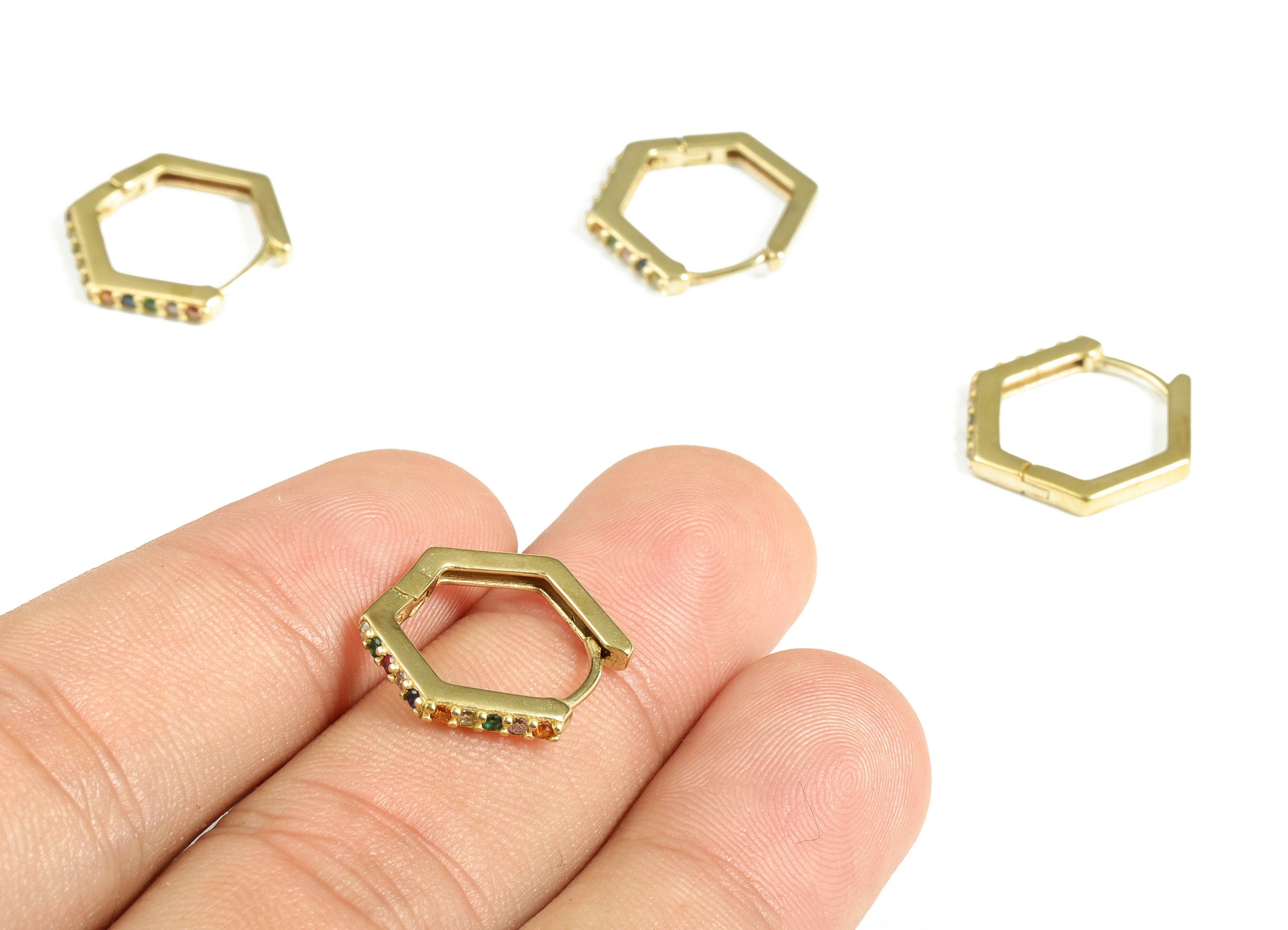 Brass Hexagon Hoop Earring - Brass Hoop Earrings - Geometric Earring With Multicolor Zircons - Jewelry Supplies -17.6×15.31×2.45mm - PP4096 - DOMEDBAZAAR