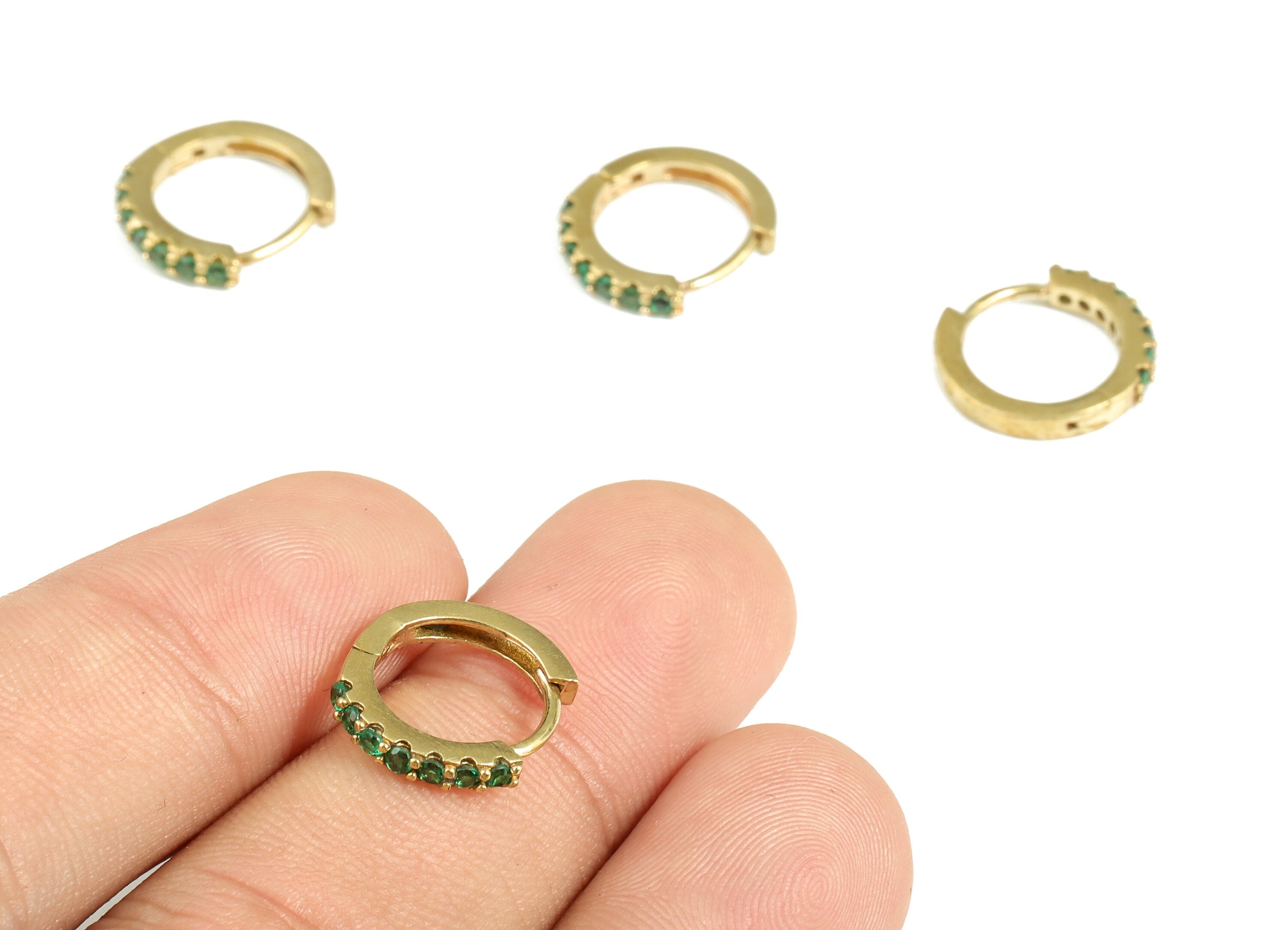 Brass Huggie Hoop Earrings – Raw Brass Earring with Green Zircons – Simple Hoop Earrings – Jewelry Supplies - 14.31×12.47×2.46mm - PP4121 - DOMEDBAZAAR