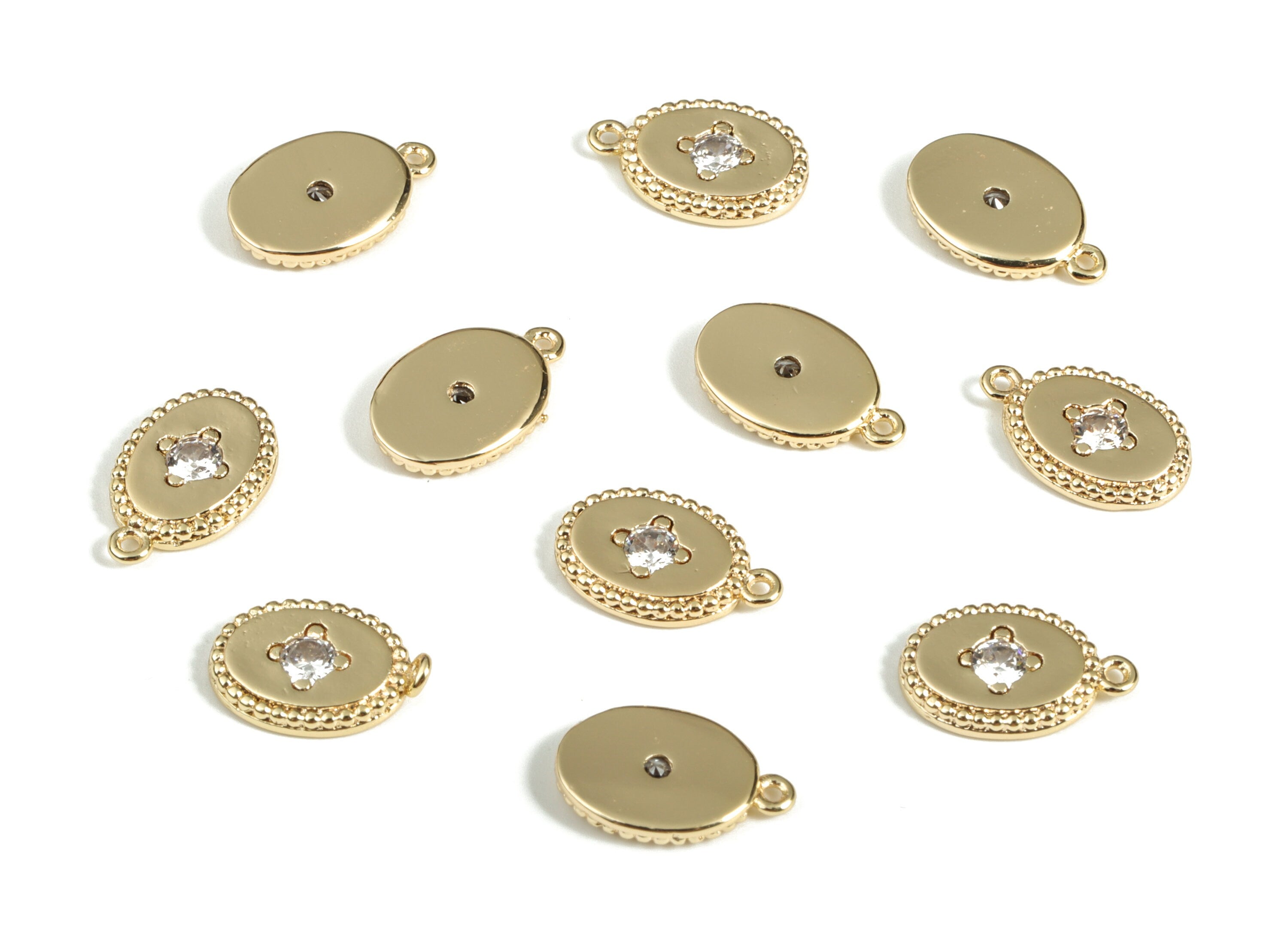 Brass Oval Flower Earring Charms With Zircons - Gold Oval Flower Pendant - 18K Real Gold Plated Brass - 11.49x7.4x1.73mm - RGP3175 - DOMEDBAZAAR
