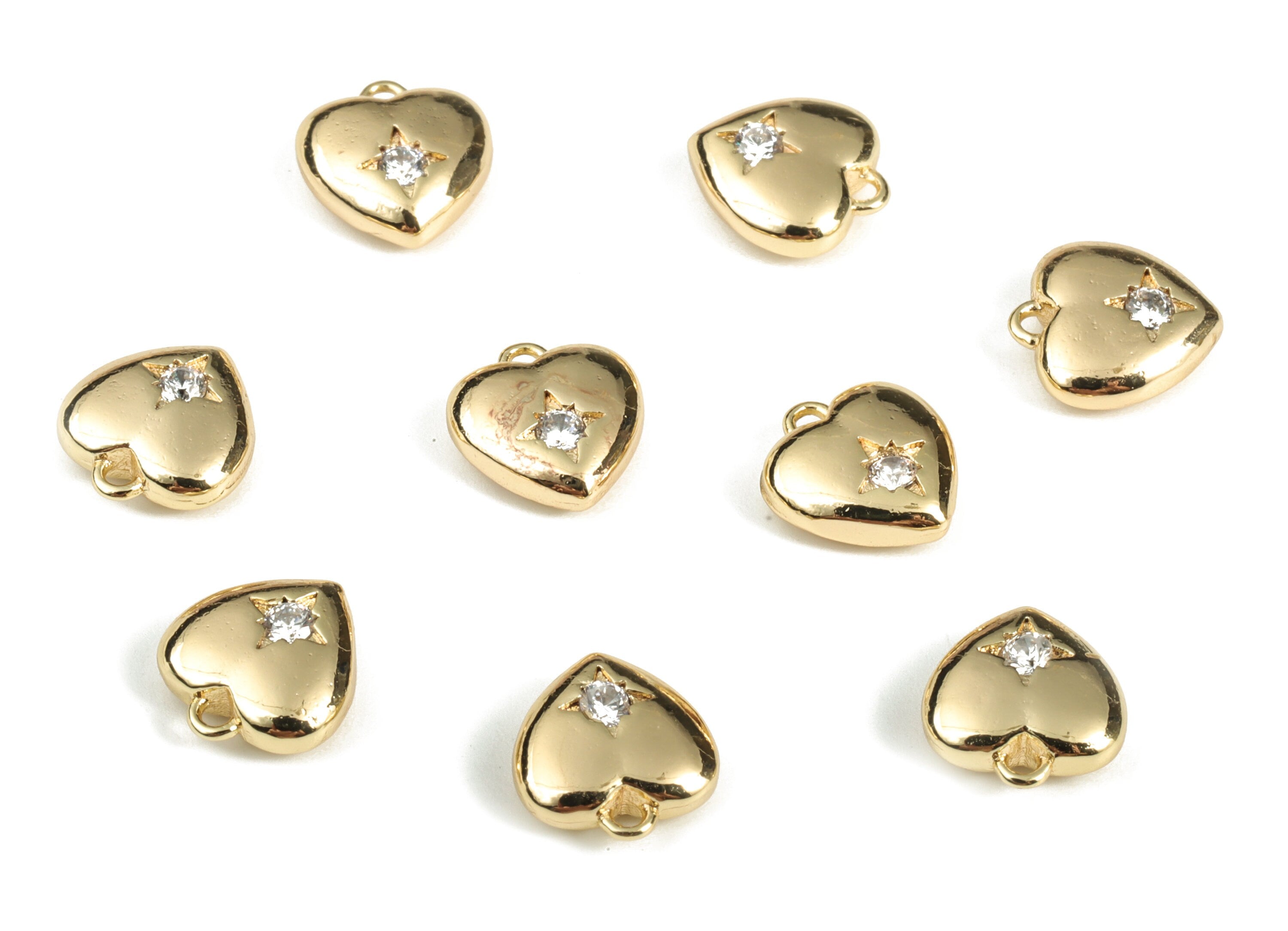 Gold Heart Charm - Brass Heart Star Earring Charms With Zircons - Heart Star Pendant - 18K Real Gold Plated Brass - 9.32x8.6x3.2mm - RGP3172 - DOMEDBAZAAR