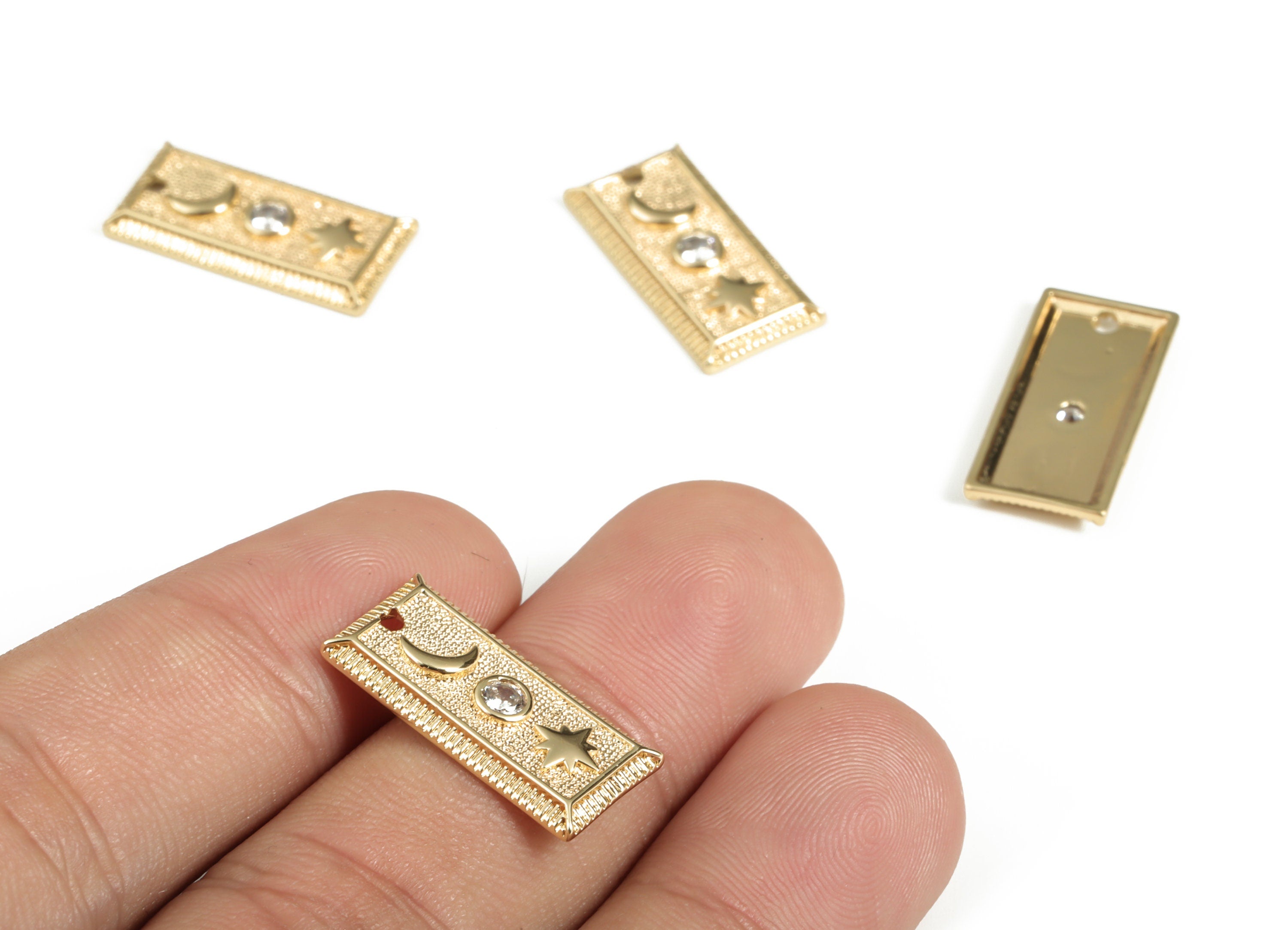 Brass Rectangle Crescent Earring Charms With Zircons - Gold Rectangle Star Pendant - 18K Real Gold Plated Brass - 20.7x10.14x2.3mm - RGP3111 - DOMEDBAZAAR