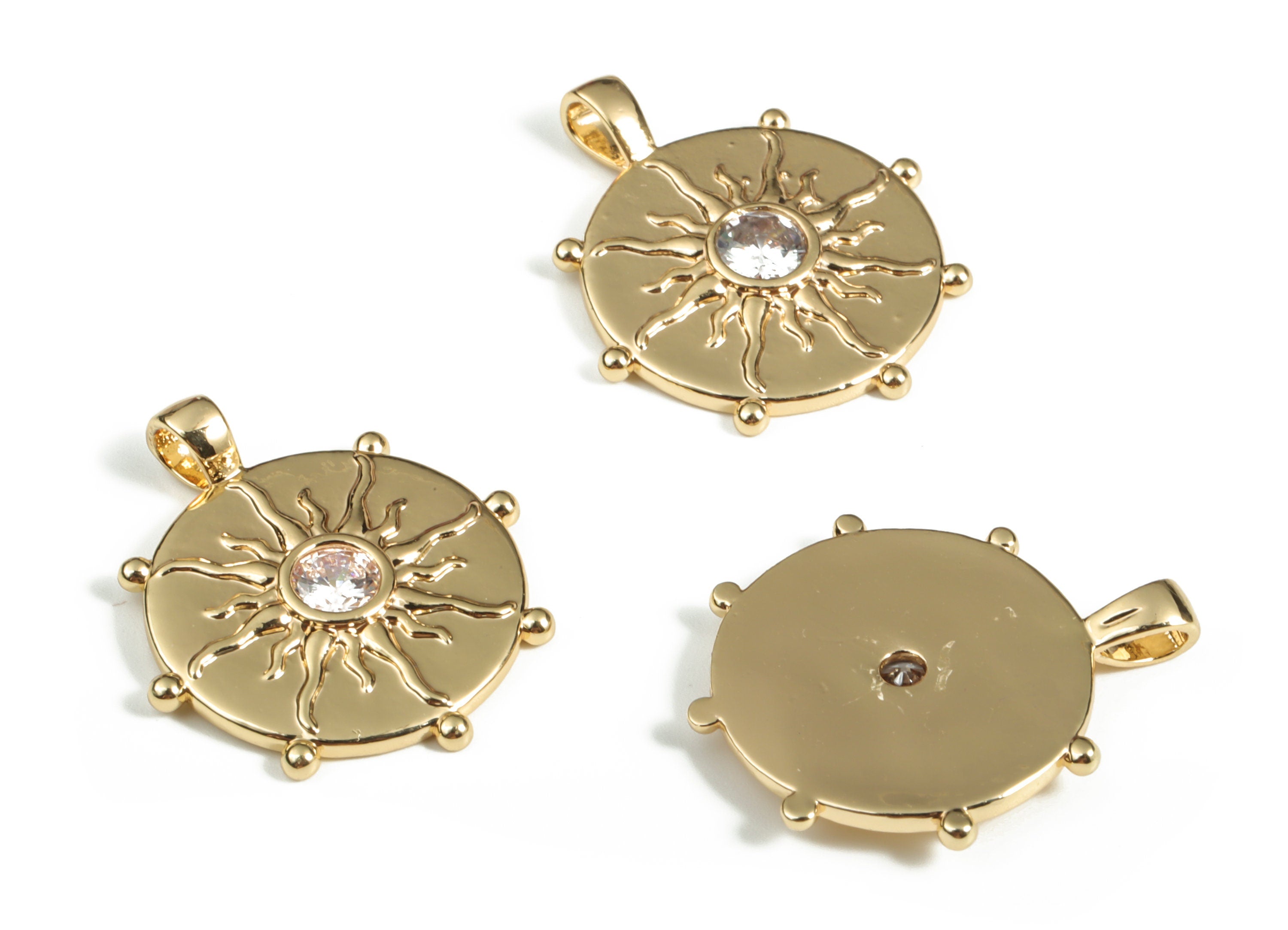 Brass Round Sun Earring Charms With Zircons - Gold Circle Sun Pendant - 18K Real Gold Plated Brass - 23.65x19.97x2.78mm - RGP3113 - DOMEDBAZAAR
