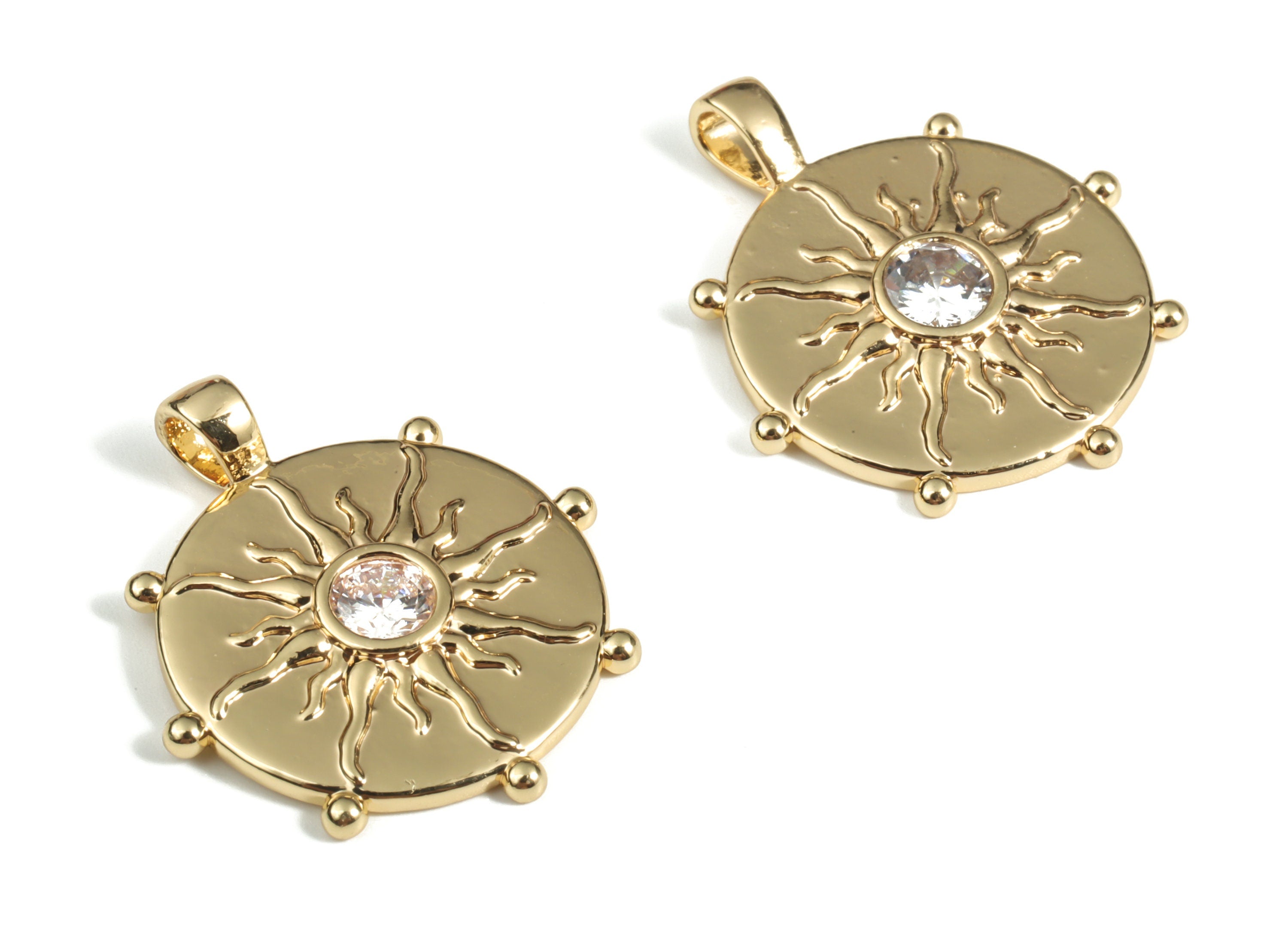 Brass Round Sun Earring Charms With Zircons - Gold Circle Sun Pendant - 18K Real Gold Plated Brass - 23.65x19.97x2.78mm - RGP3113 - DOMEDBAZAAR