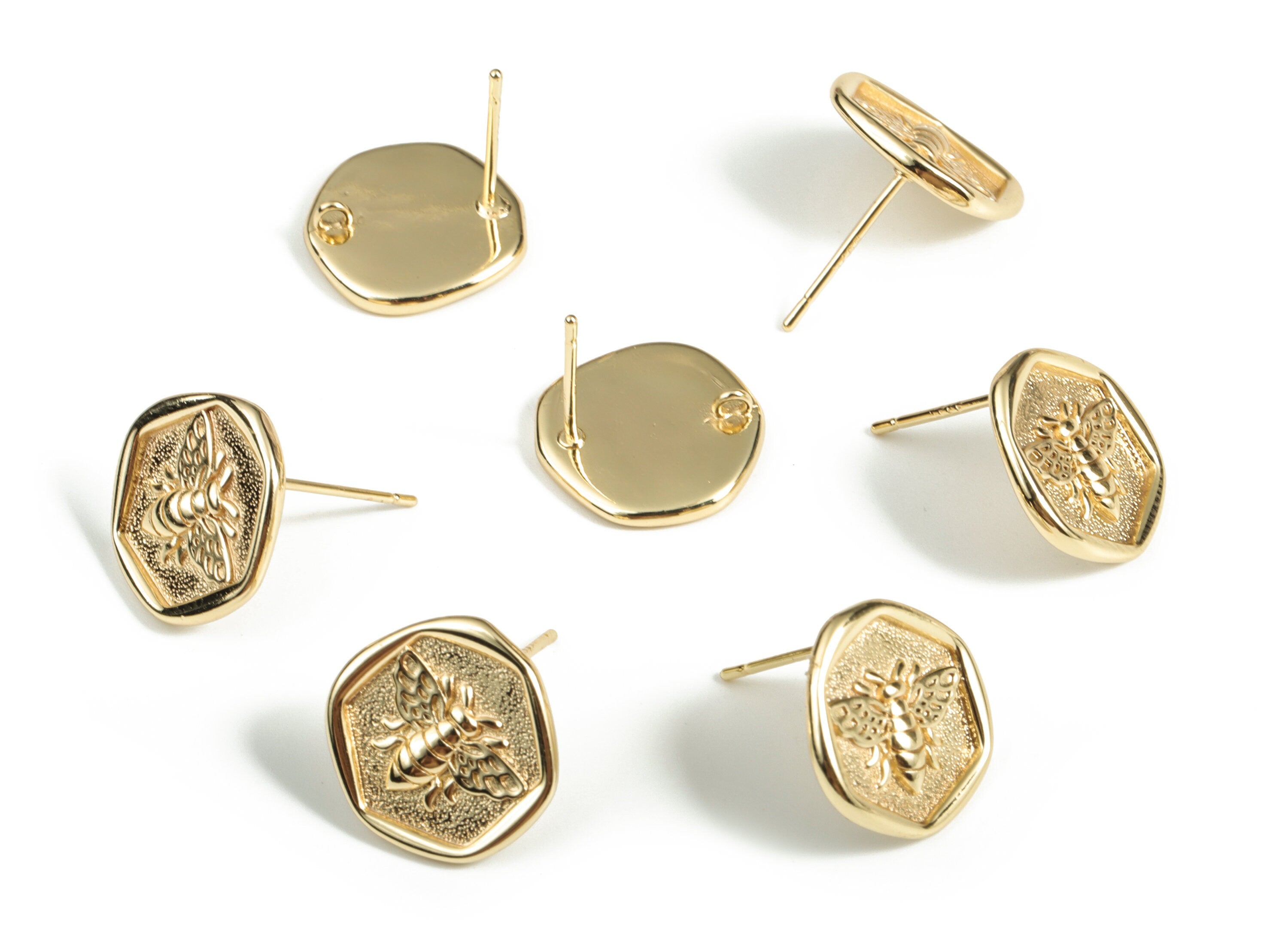 Brass Hexagon Bee Earring Post - Gold Hexagon Bee Earring Stud - 18K Real Gold Plated Brass - 925 Silver Stud - 13.72x13.63x2.14mm - RGP3129 - DOMEDBAZAAR