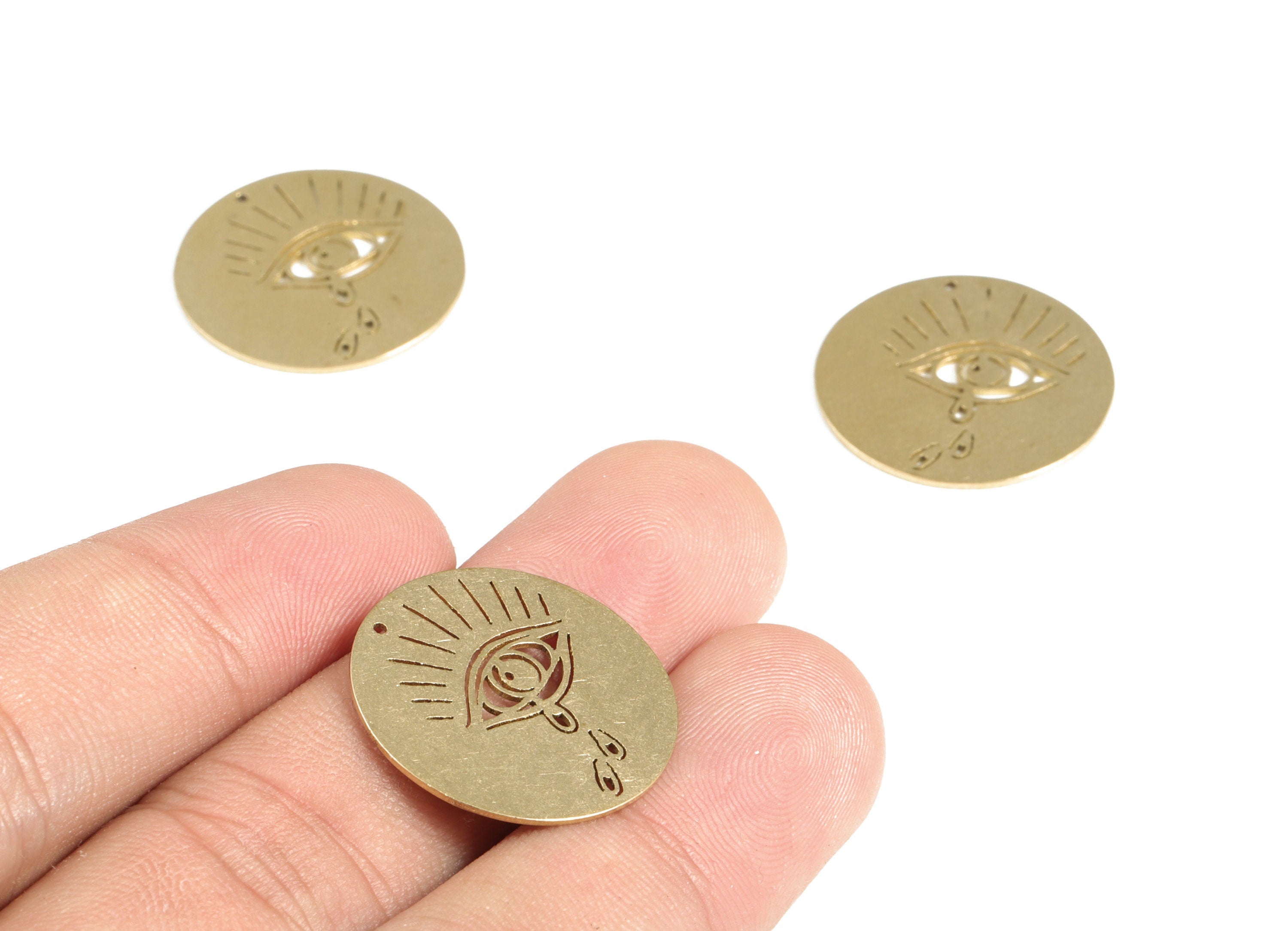 Crying Eye Coin Pendant Charm - Raw Brass Round Earring Charm – Circle Tear Drop Eye Charm- Jewelry Supplies -22.09x22.09x0.6mm - PP4155 - DOMEDBAZAAR