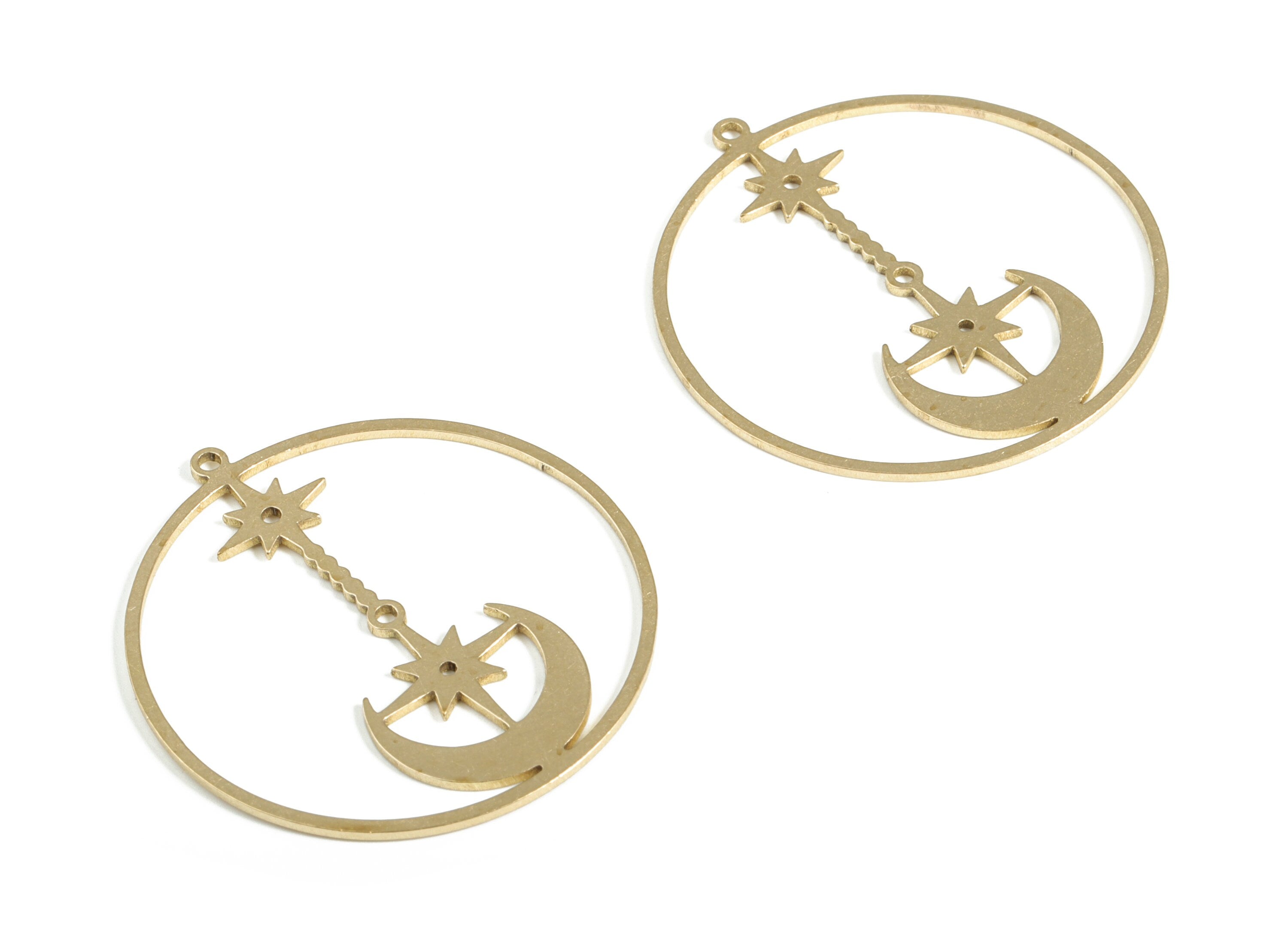 Raw Brass Moon Star Earring - Brass Circle Pendant - Brass Pendant -Earring Findings - Jewelry Making Supplies - 34.22x31.84x0.79mm - PP4157 - DOMEDBAZAAR