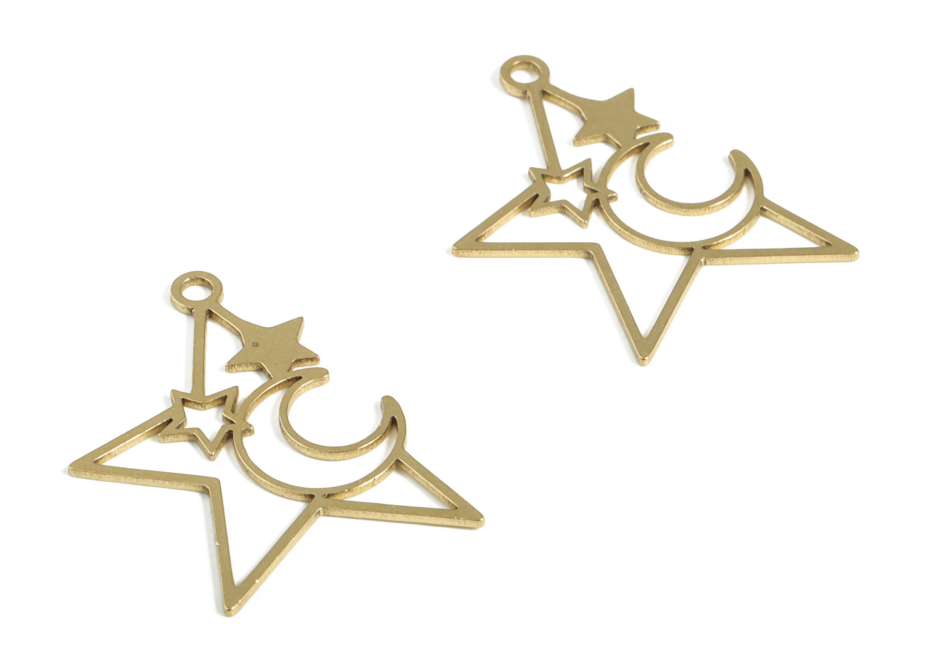 Brass Half Star Pendant Charm – Raw Brass Moon Star Earring Charms - Earring Findings – DIY Jewelry Supplies - 32.48x22.05x0.72mm - PP4171 - DOMEDBAZAAR