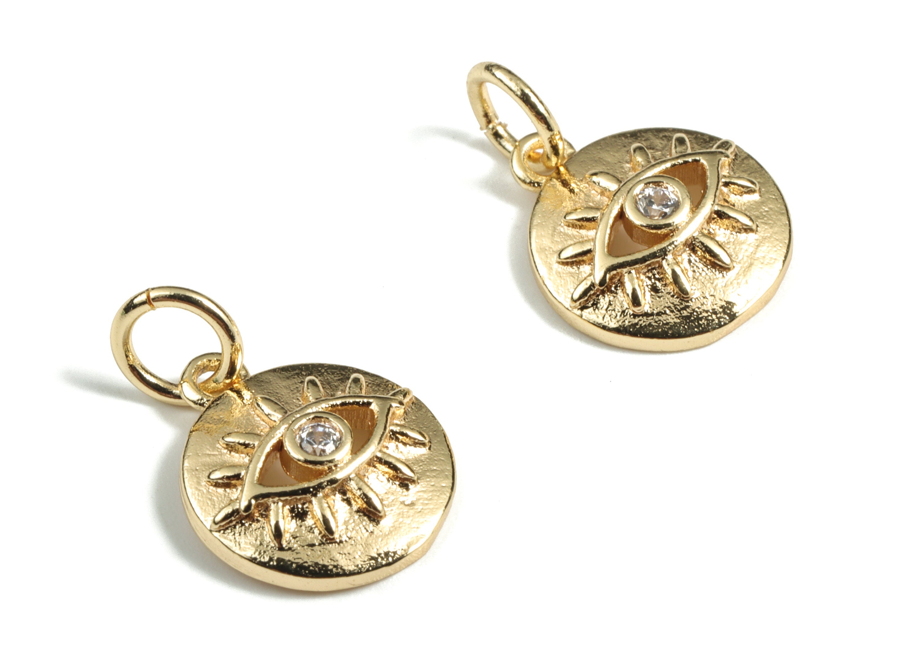 Brass Round Eye Earring Charms With Zircon - Gold Circle Eye Pendant - 18K Real Gold Plated Brass - 15.39x10.12x2.79mm - RGP3025 - DOMEDBAZAAR