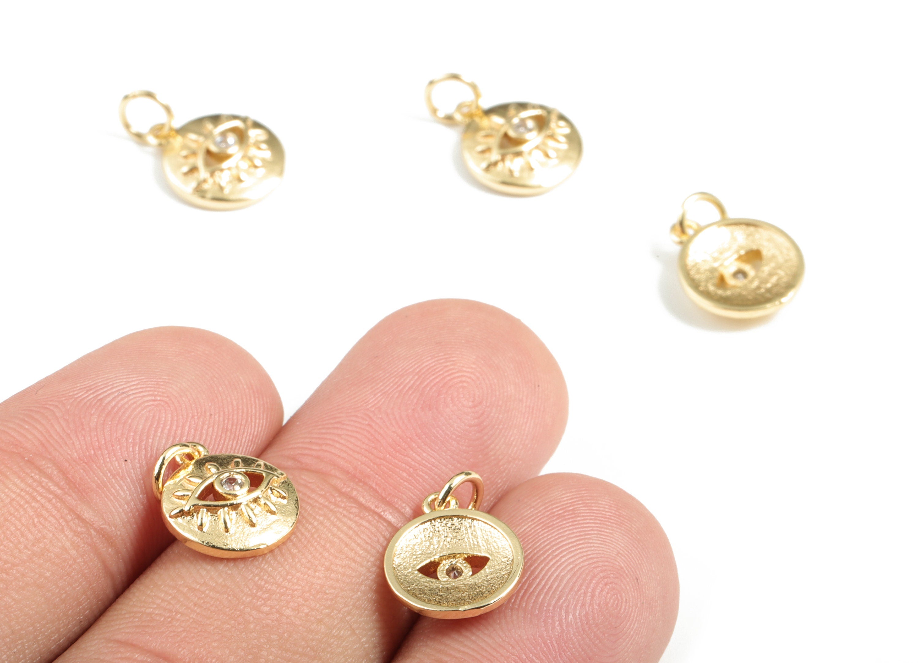 Brass Round Eye Earring Charms With Zircon - Gold Circle Eye Pendant - 18K Real Gold Plated Brass - 15.39x10.12x2.79mm - RGP3025 - DOMEDBAZAAR