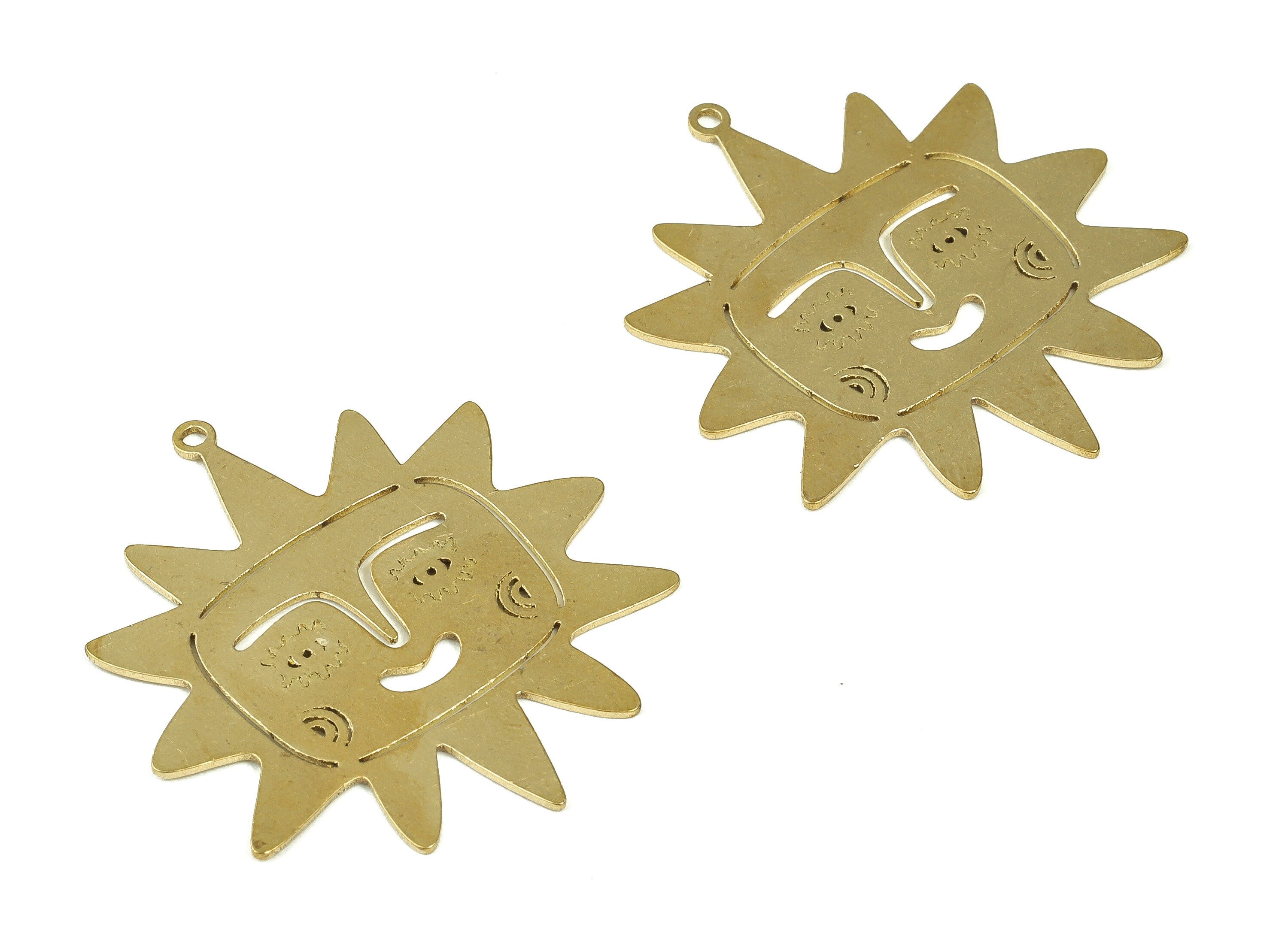 Raw Brass Sun Pendant Charm - Sun Face Earrings Charm - Celestial Sun Charms - Jewelry Making Supplies - 34.34x21.8x0.73mm - PP4311 - DOMEDBAZAAR