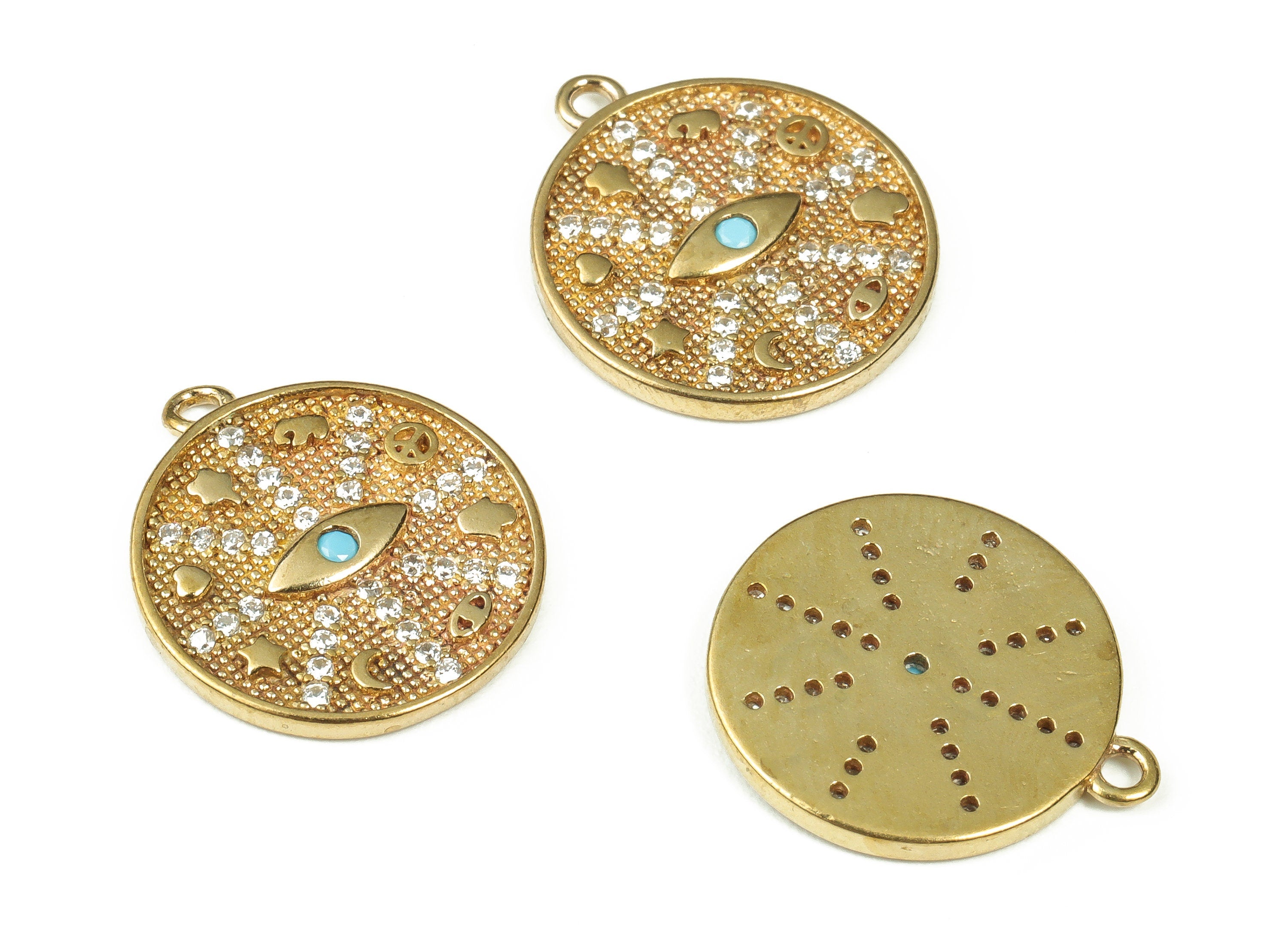 Raw Brass Round Eye Charms – Zircon Evil Eye Charm - Brass Pendant Charms - Earrings Charms – Jewelry Supplies - 16.96x14.81x1.mm - PP4405 - DOMEDBAZAAR