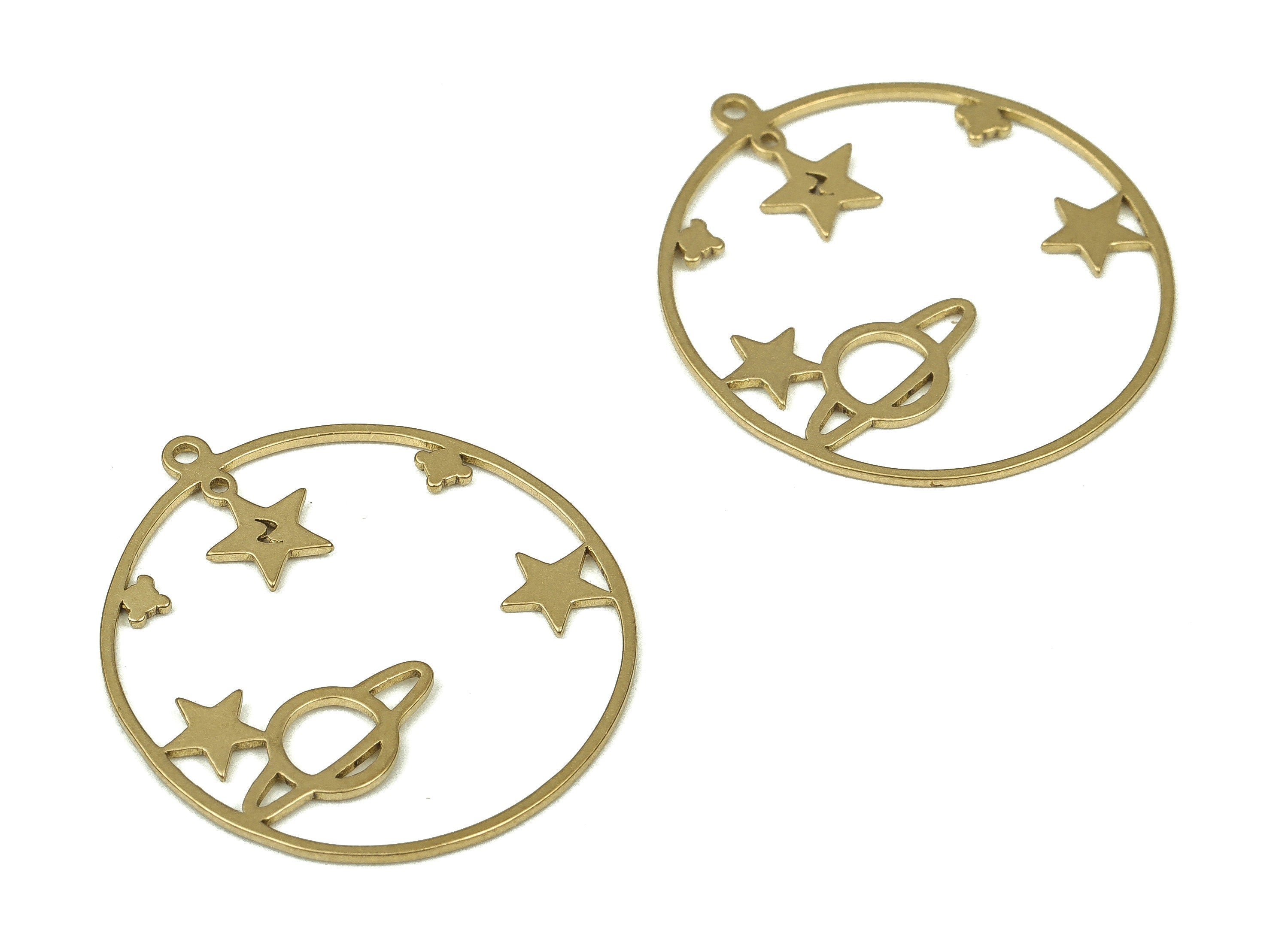 Brass Round Planet Earring Charms - Raw Brass Circle Universe Pendant - Earring Finding - Jewelry Making Supplies - 27.28x25x0.75mm - PP4287 - DOMEDBAZAAR