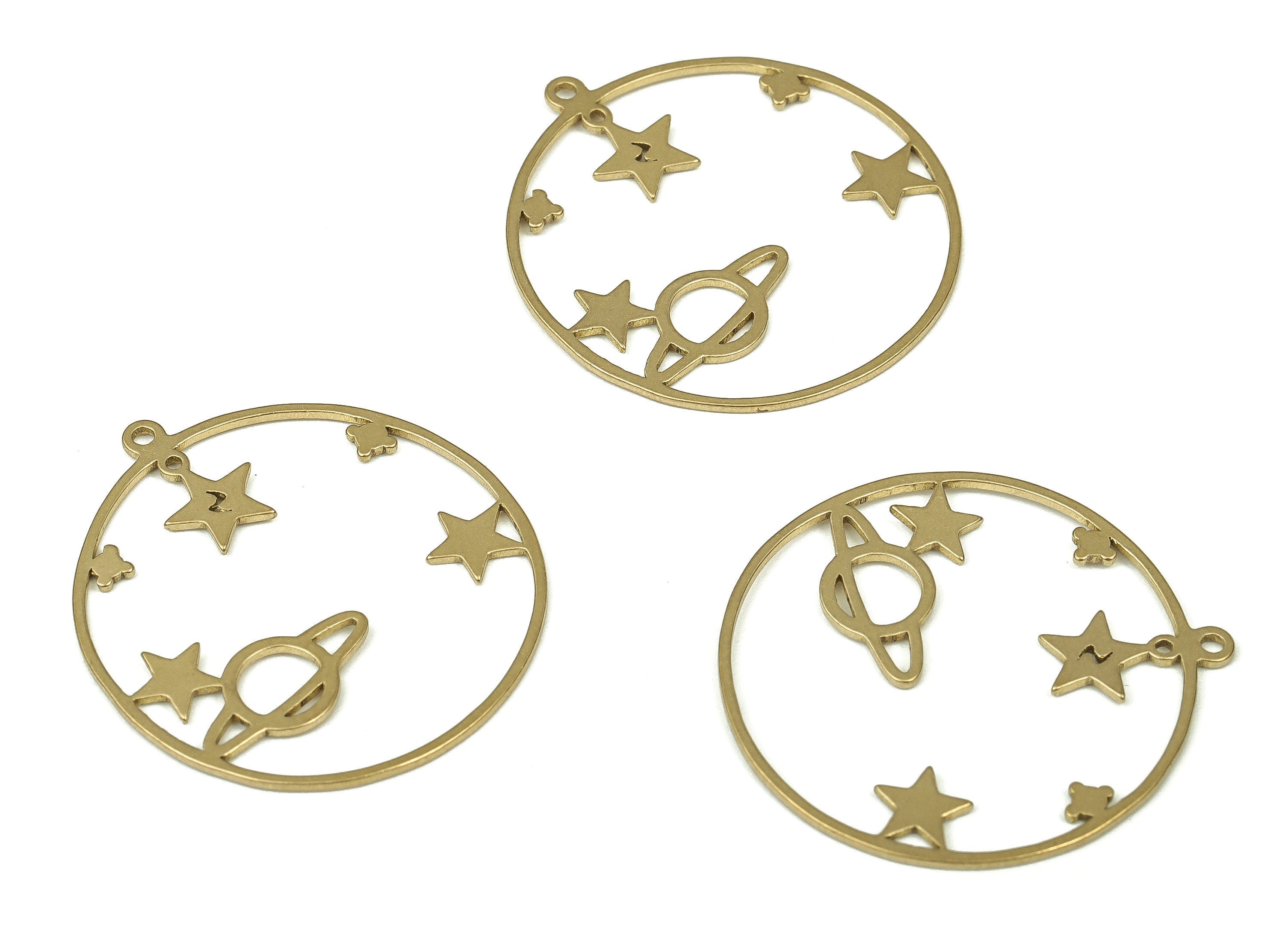 Brass Round Planet Earring Charms - Raw Brass Circle Universe Pendant - Earring Finding - Jewelry Making Supplies - 27.28x25x0.75mm - PP4287 - DOMEDBAZAAR