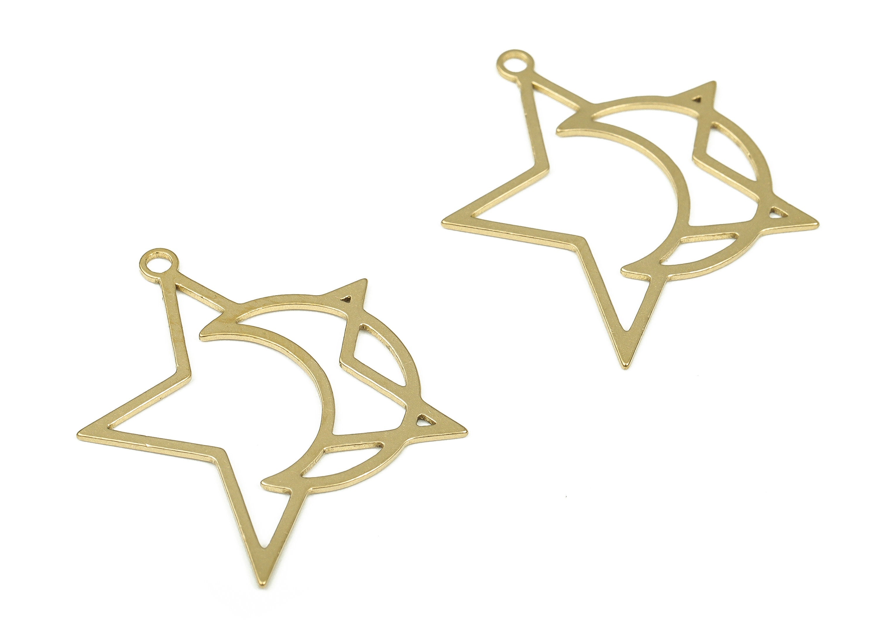 Raw Brass Star Earring Charms - Brass Crescent Pendant Charm - Brass Earring Findings - Jewelry Making Supplies -32.02x25.74x0.69mm- PP4350 - DOMEDBAZAAR