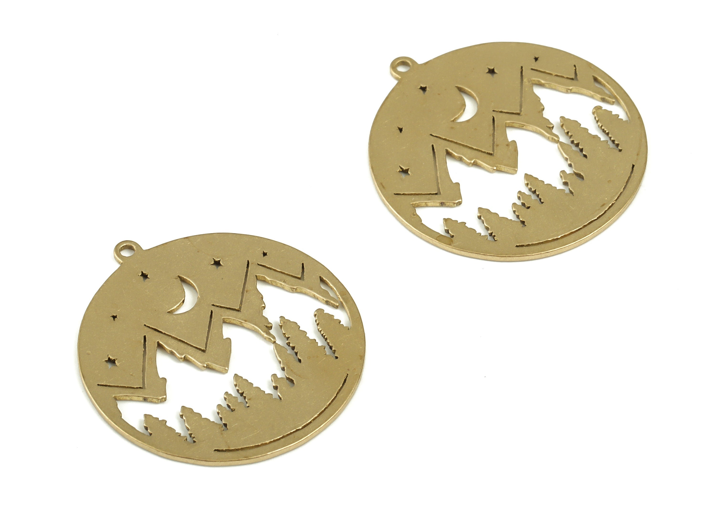 Mountain Moon Stars Pendant - Raw Brass Mountain Crescent Earring - Landscape Circle Charms - Jewellery Supplies - 23.7x21.96x0.9mm - PP4202 - DOMEDBAZAAR