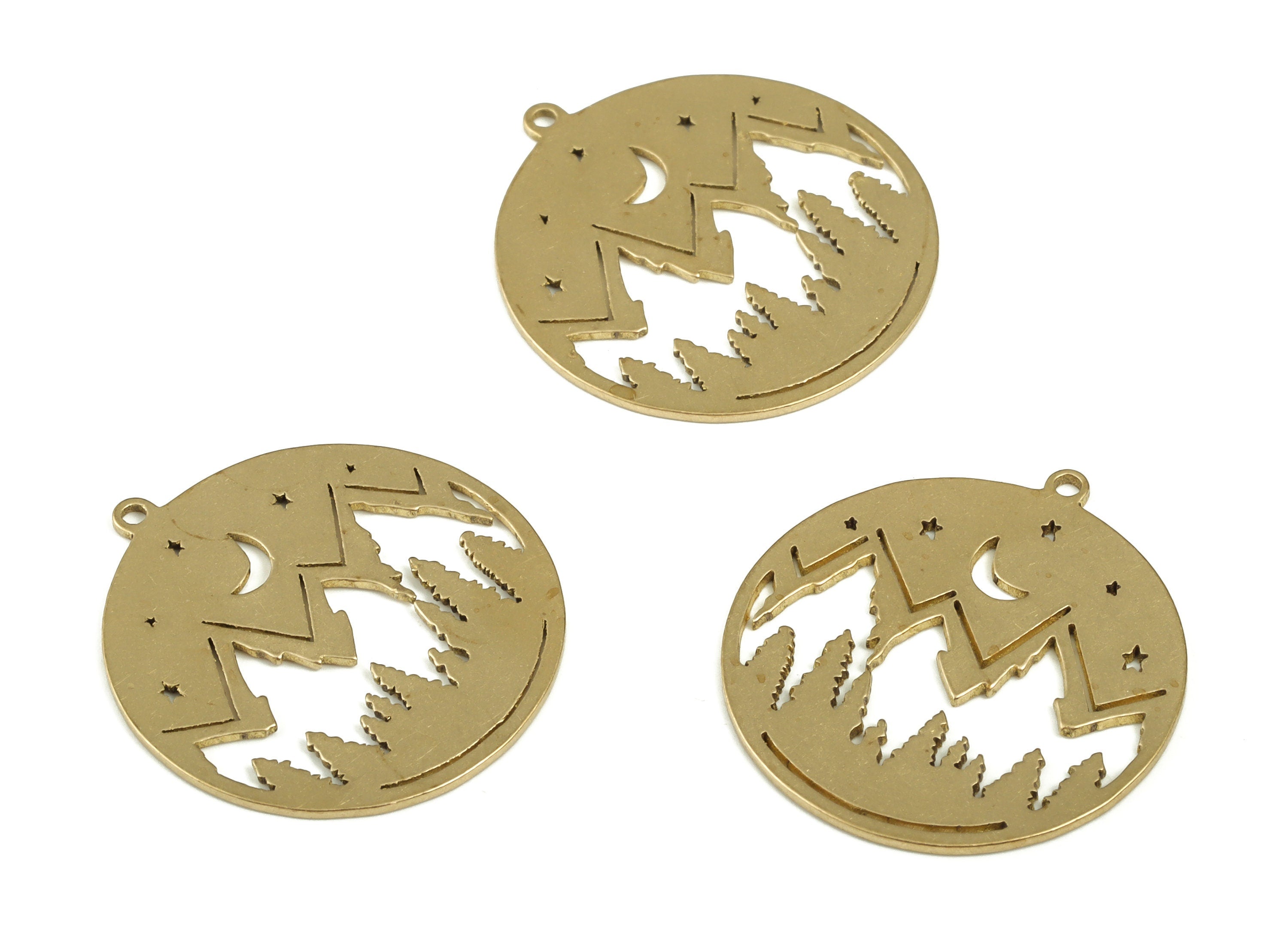 Mountain Moon Stars Pendant - Raw Brass Mountain Crescent Earring - Landscape Circle Charms - Jewellery Supplies - 23.7x21.96x0.9mm - PP4202 - DOMEDBAZAAR